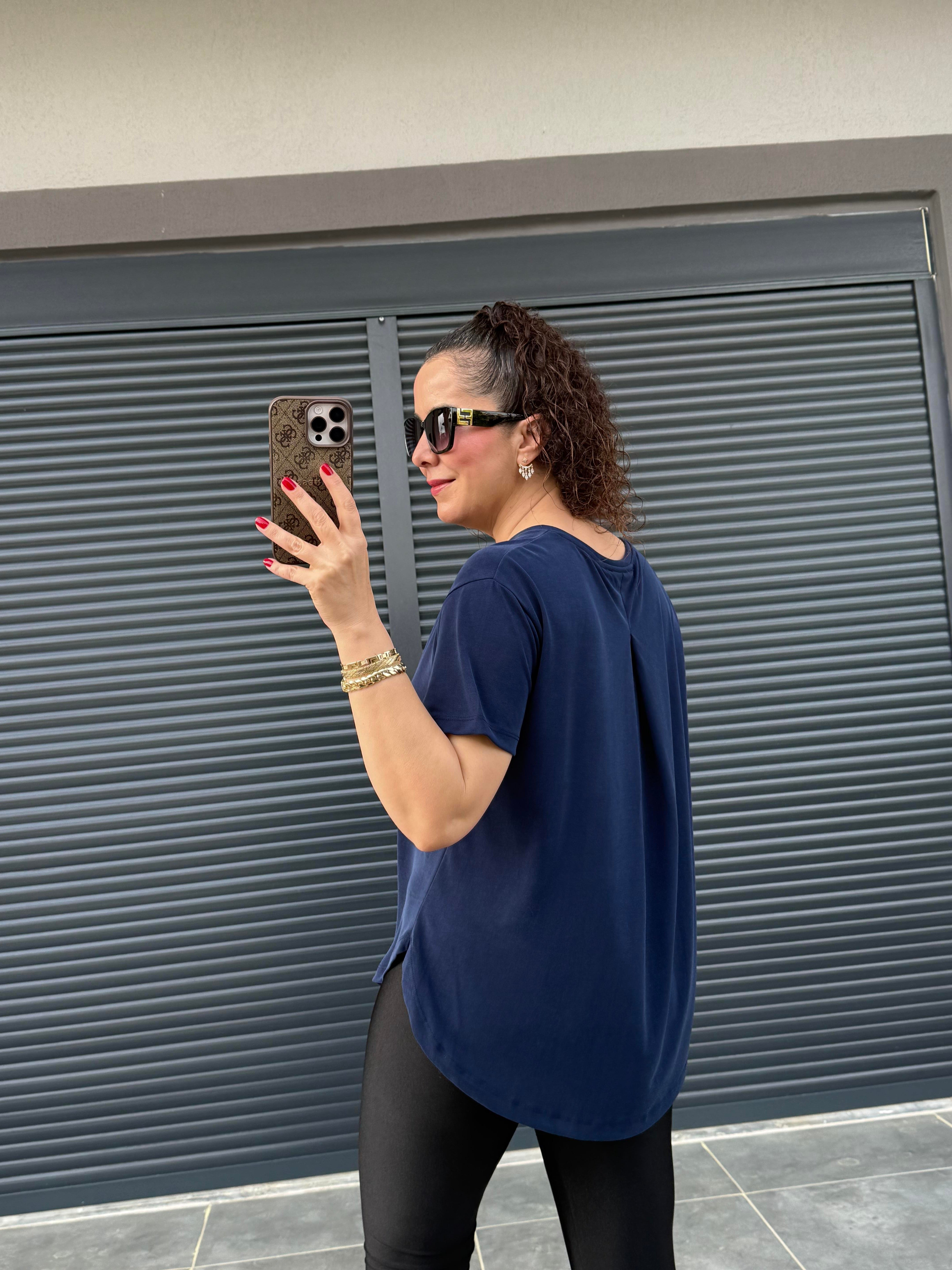 İthal Modal Sırt Pile Detaylı Basic  T-Shirt Lacivert