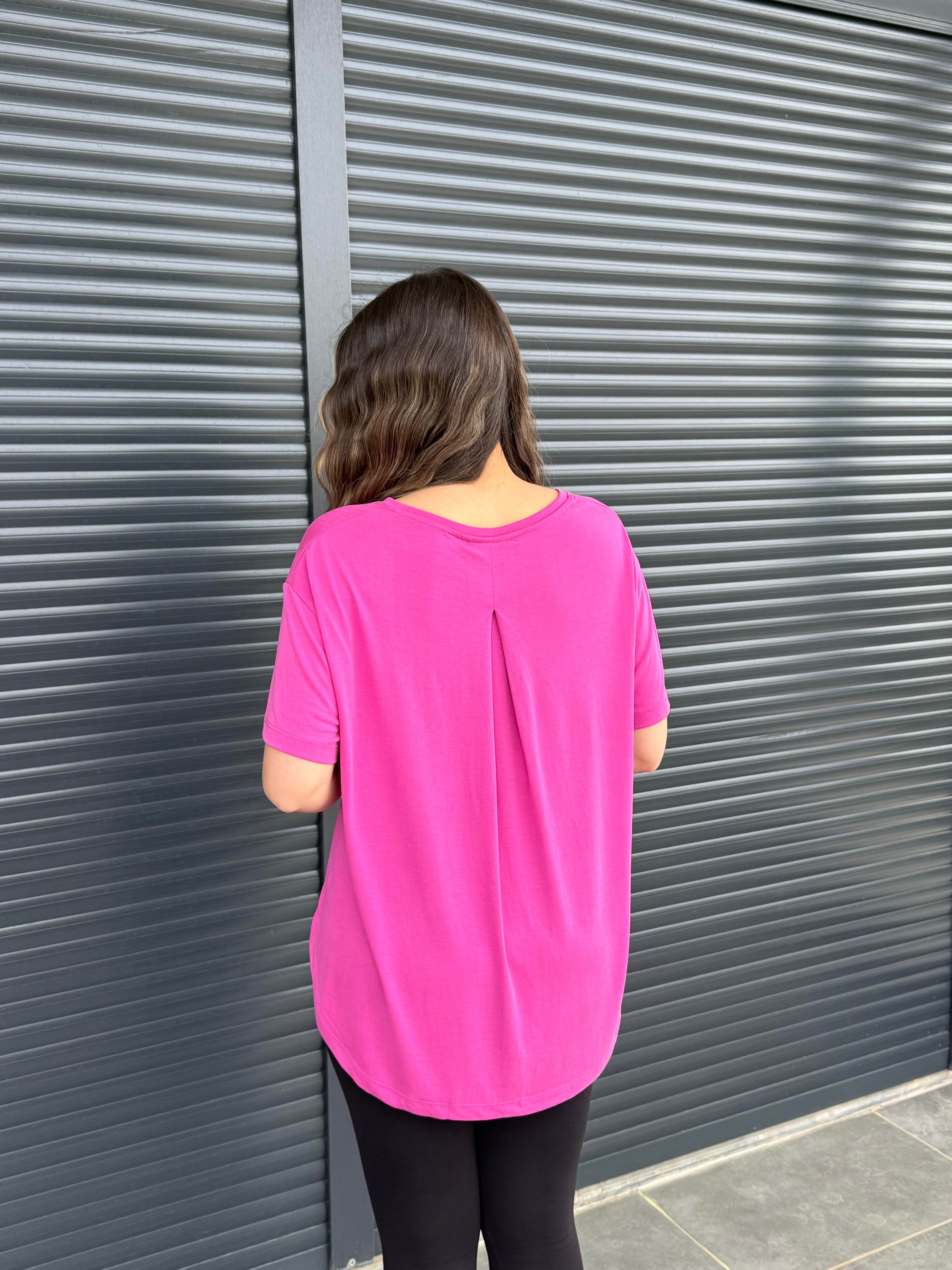 İthal Modal Sırt Pile Detaylı Basic  T-Shirt Fuşya