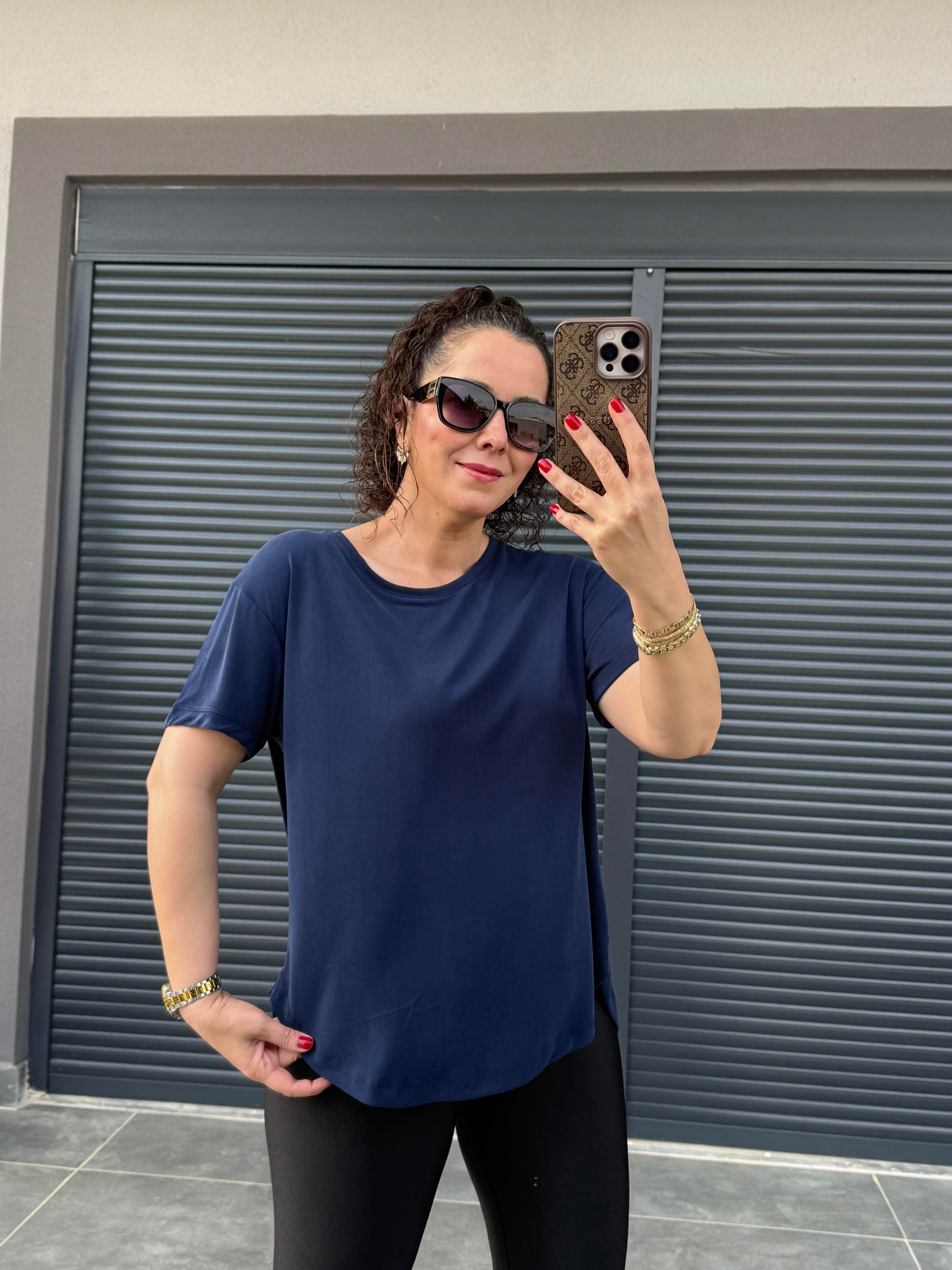 İthal Modal Sırt Pile Detaylı Basic  T-Shirt Lacivert