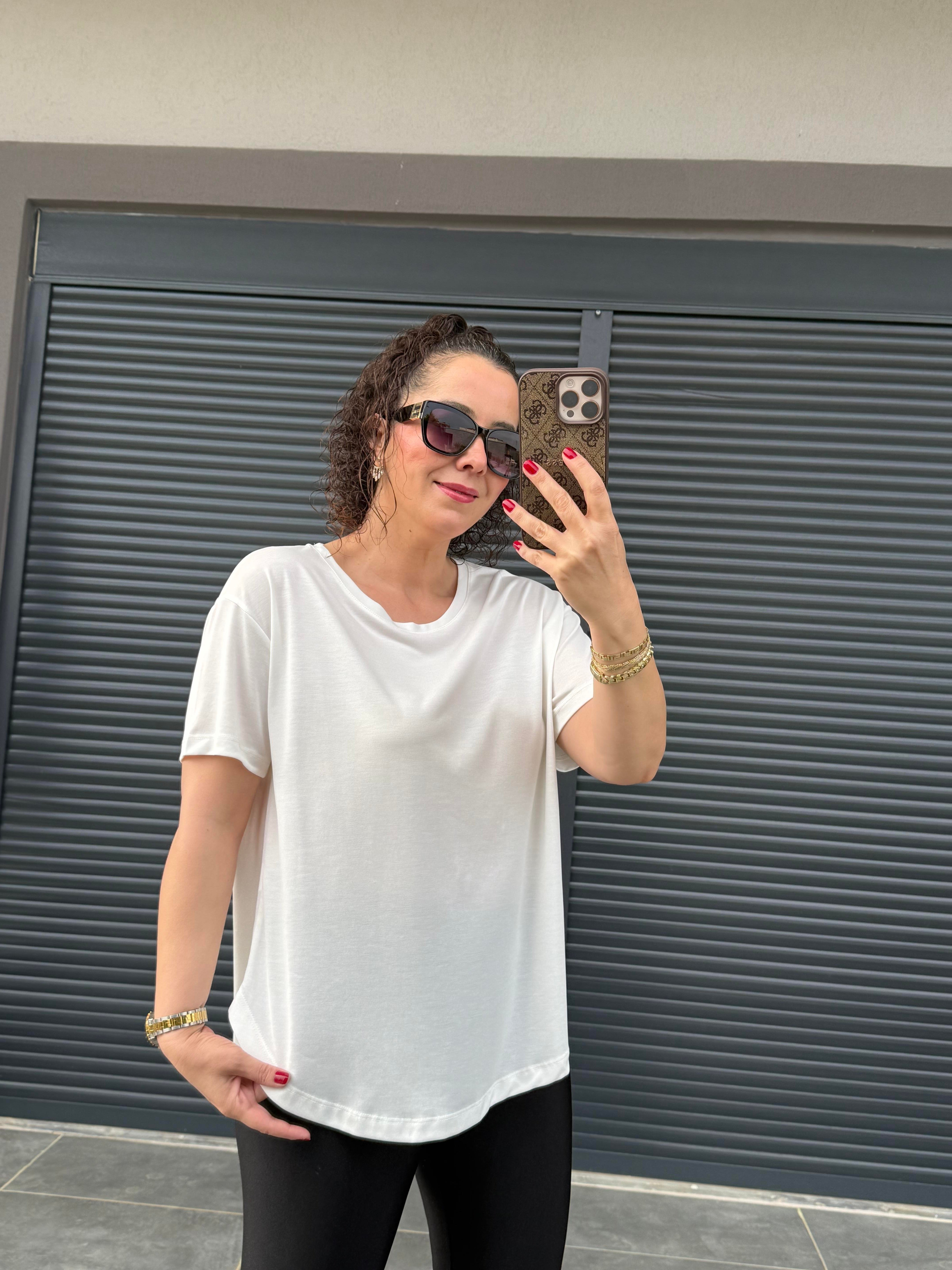 İthal Modal Sırt Pile Detaylı Basic  T-Shirt Beyaz