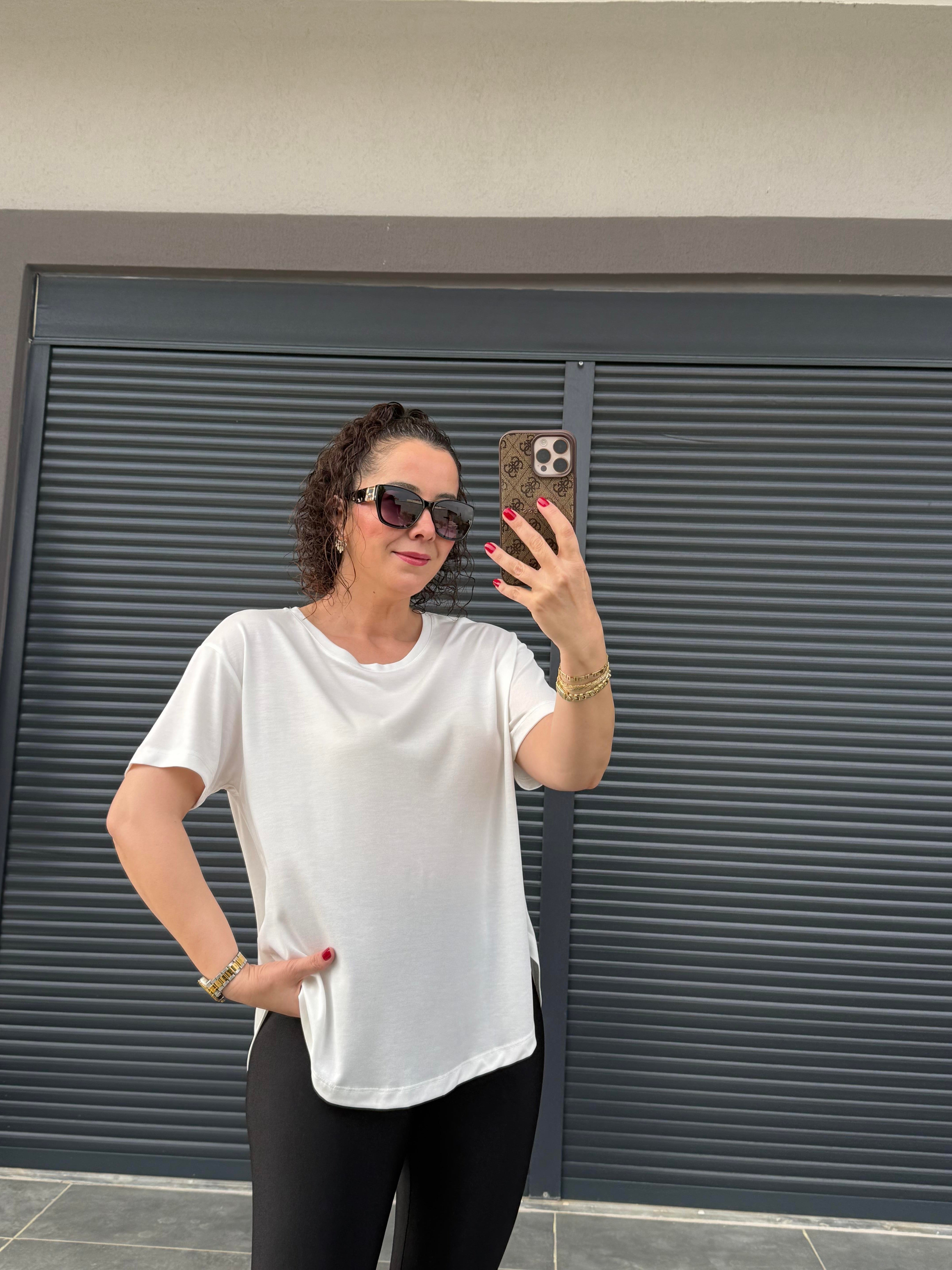 İthal Modal Sırt Pile Detaylı Basic  T-Shirt Beyaz