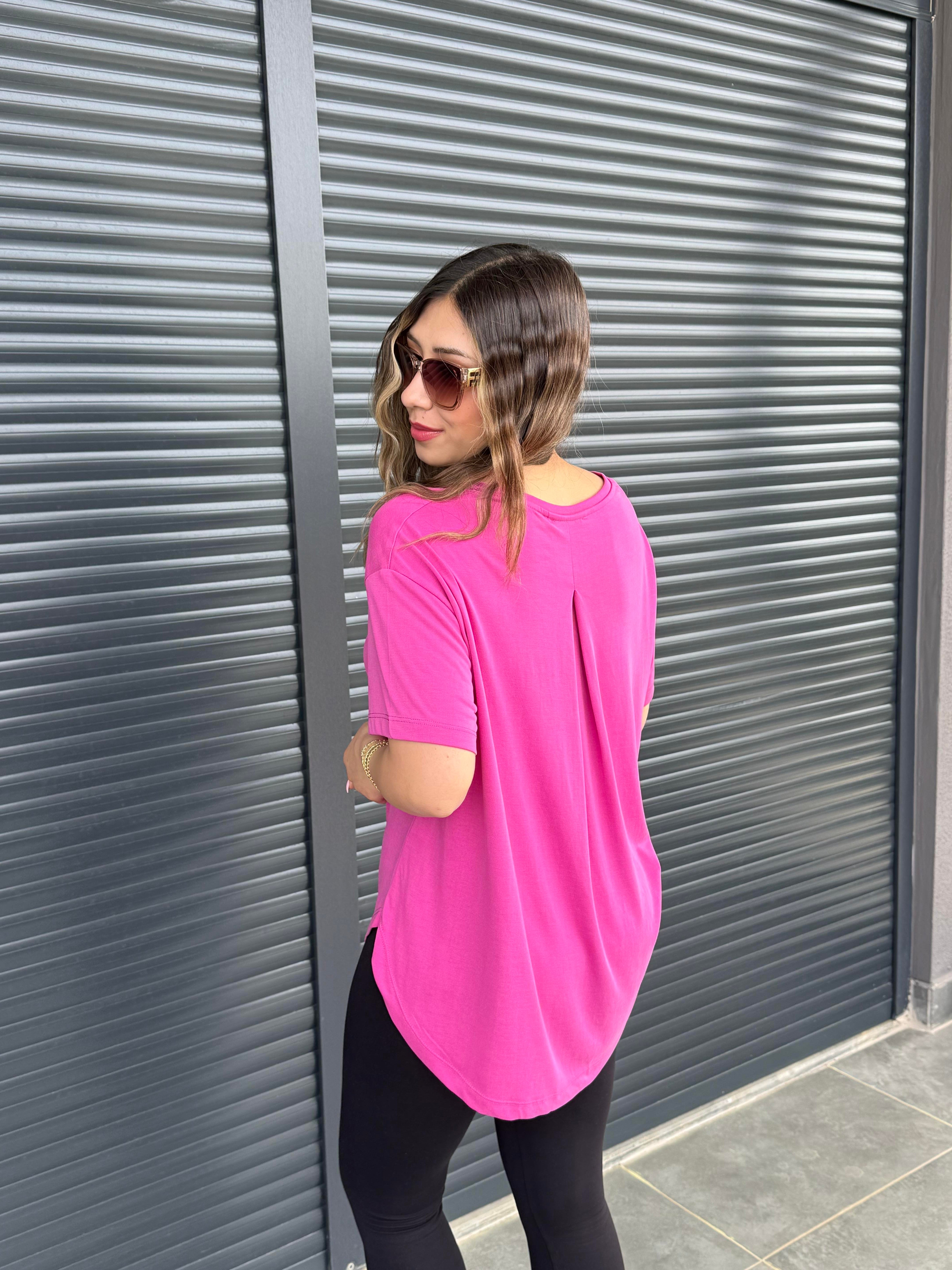 İthal Modal Sırt Pile Detaylı Basic  T-Shirt Fuşya