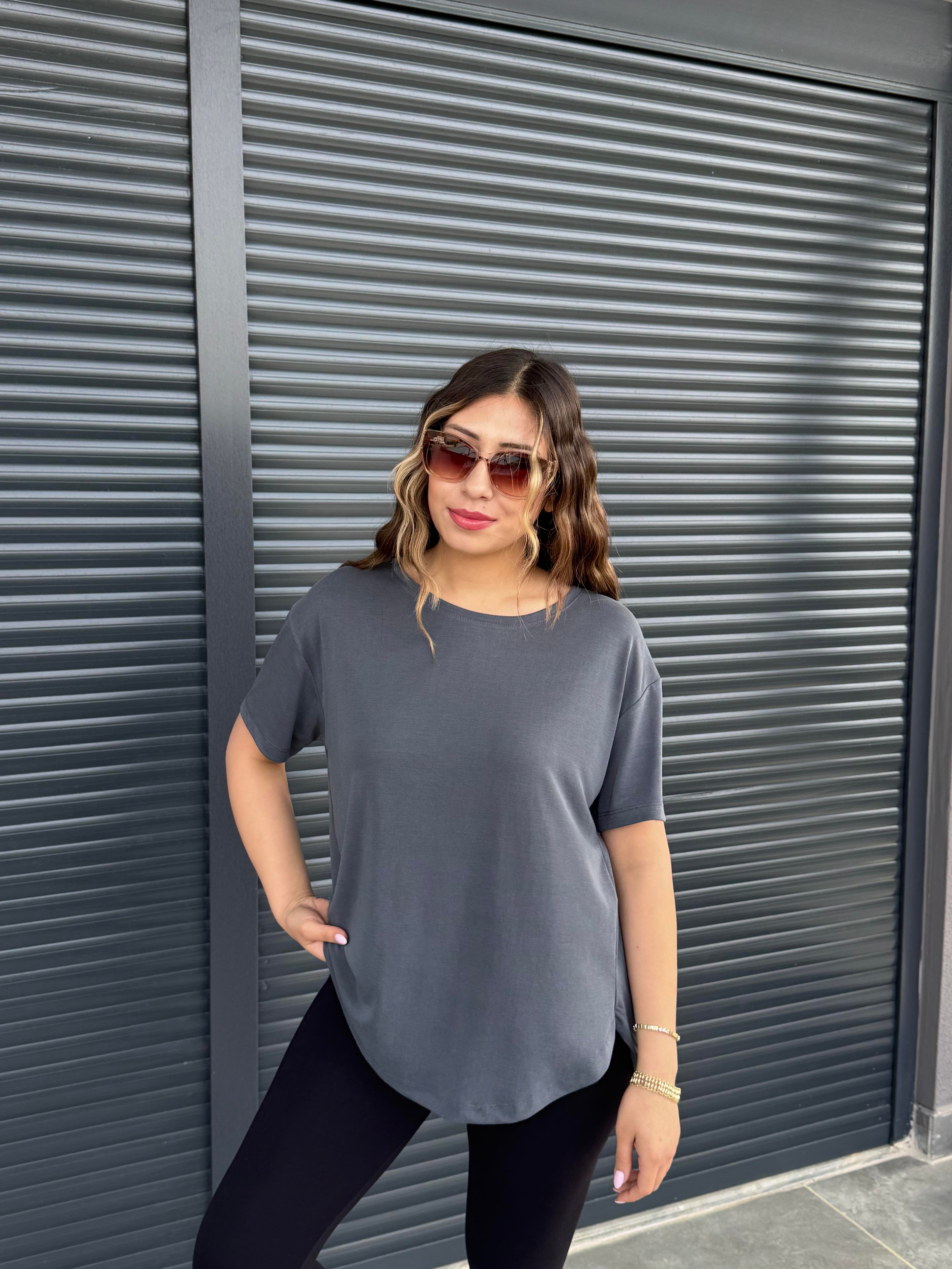 İthal Modal Sırt Pile Detaylı Basic  T-Shirt Antrasit