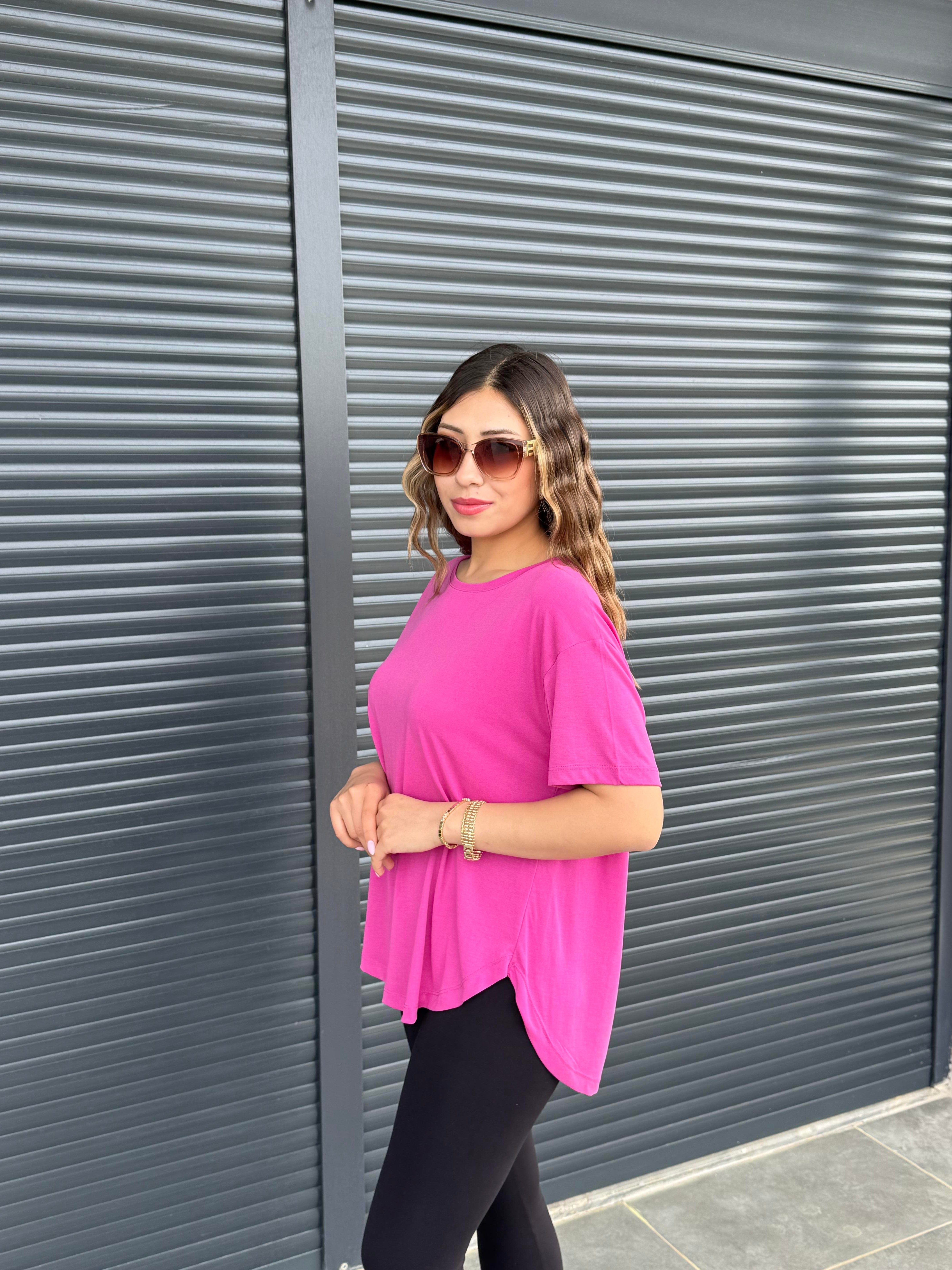 İthal Modal Sırt Pile Detaylı Basic  T-Shirt Fuşya