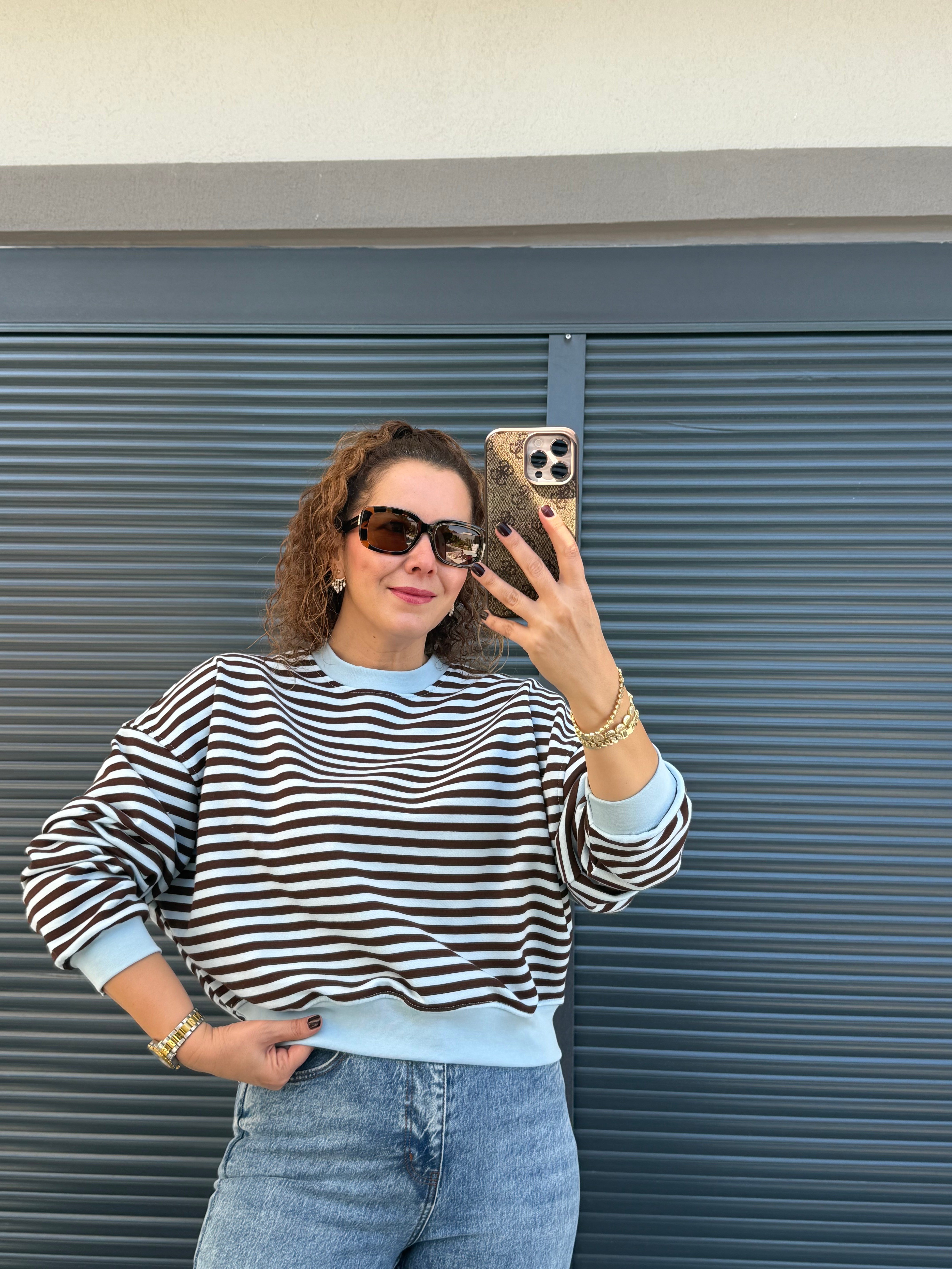 Kahve Çizgili Sweat Bebe Mavi