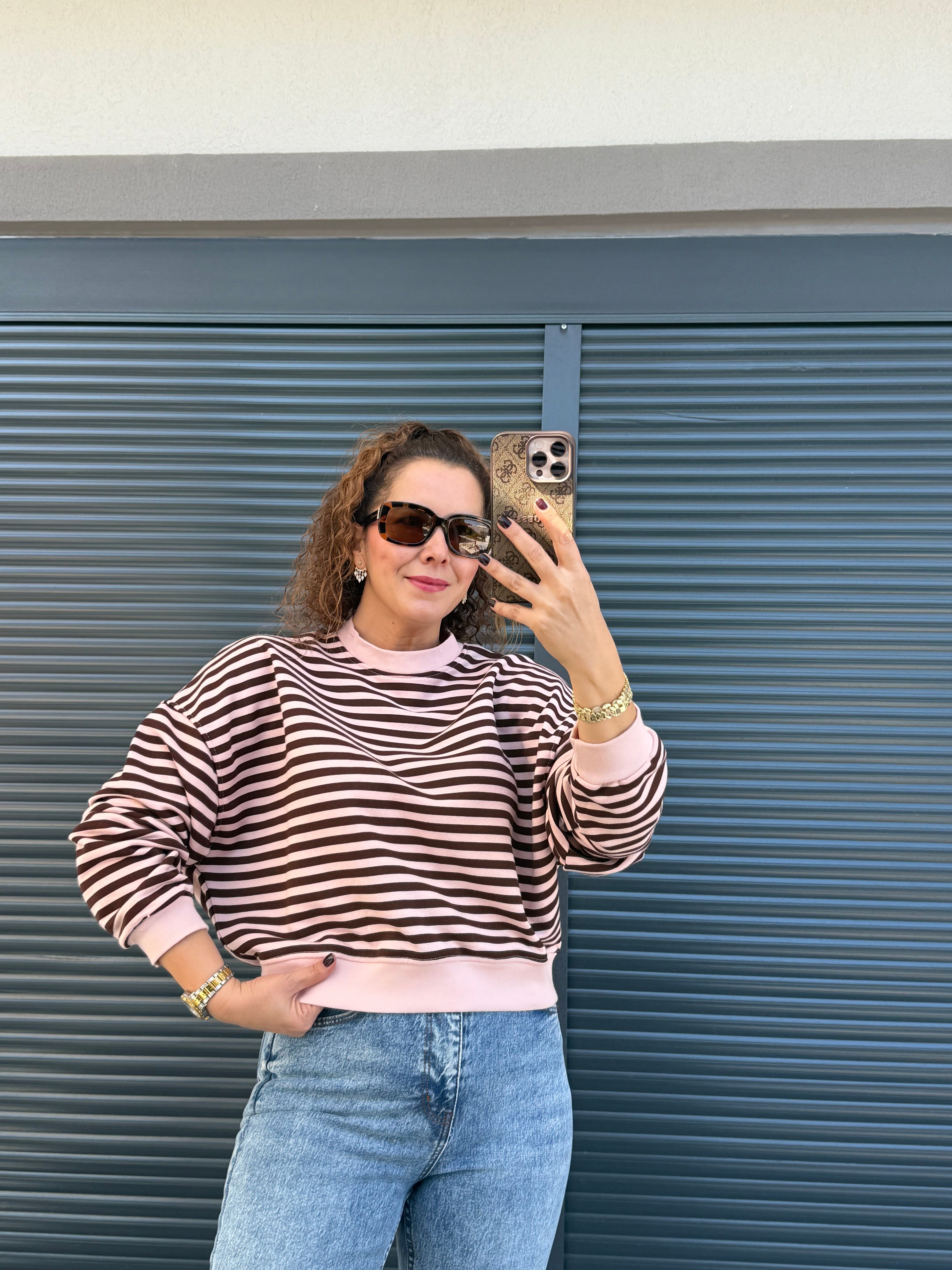 Kahve Çizgili Sweat Pembe