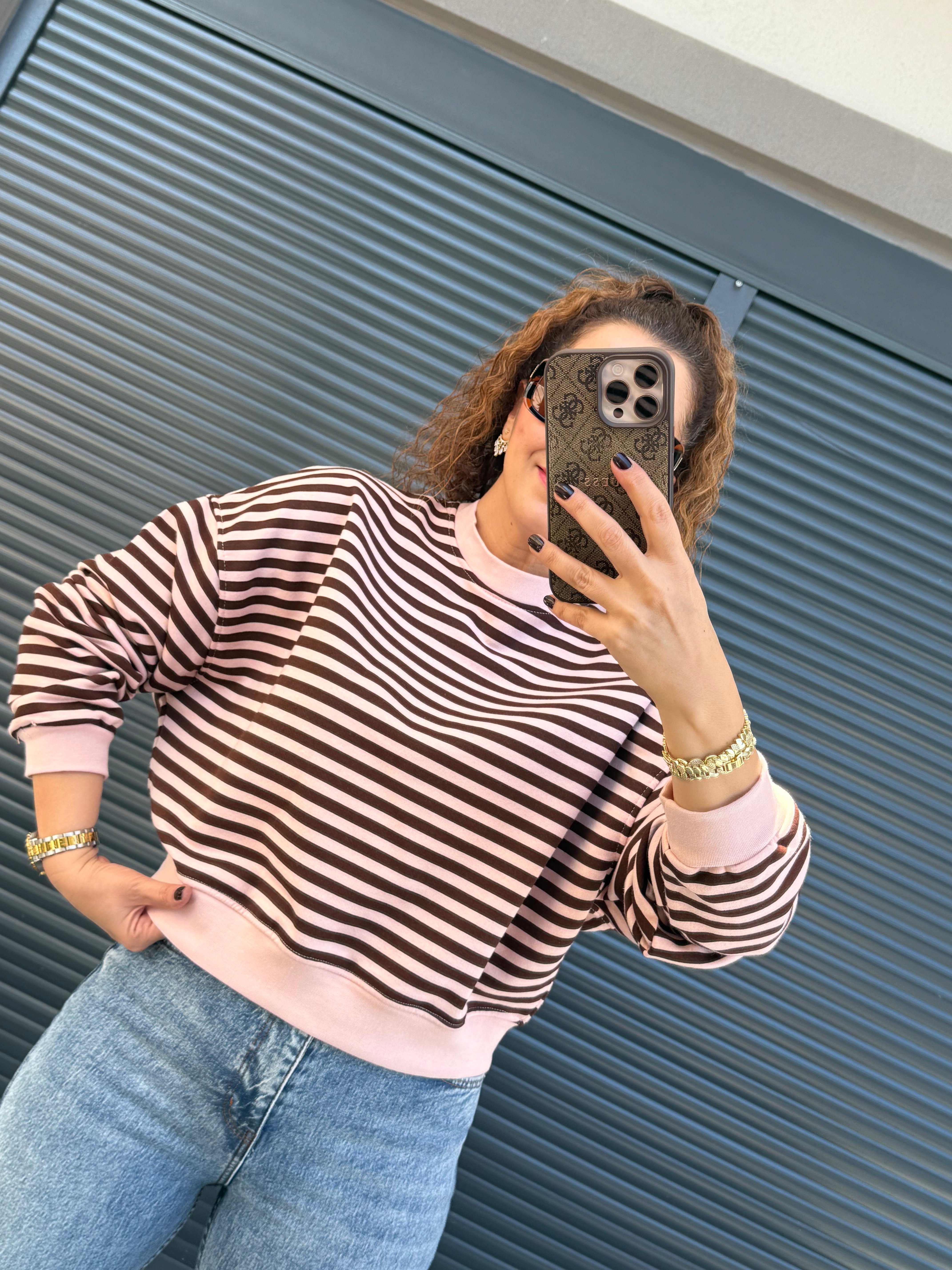 Kahve Çizgili Sweat Pembe