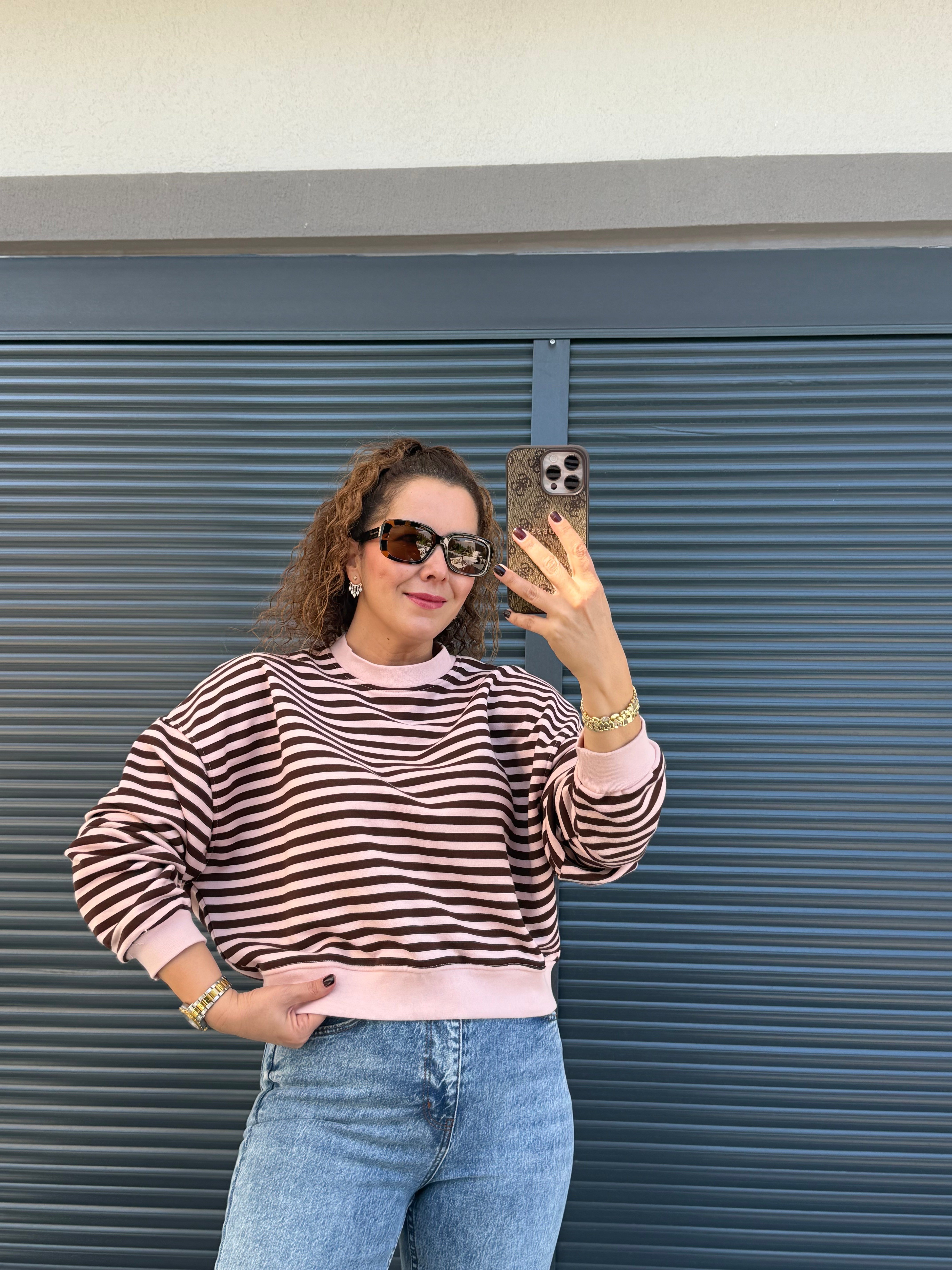 Kahve Çizgili Sweat Pembe
