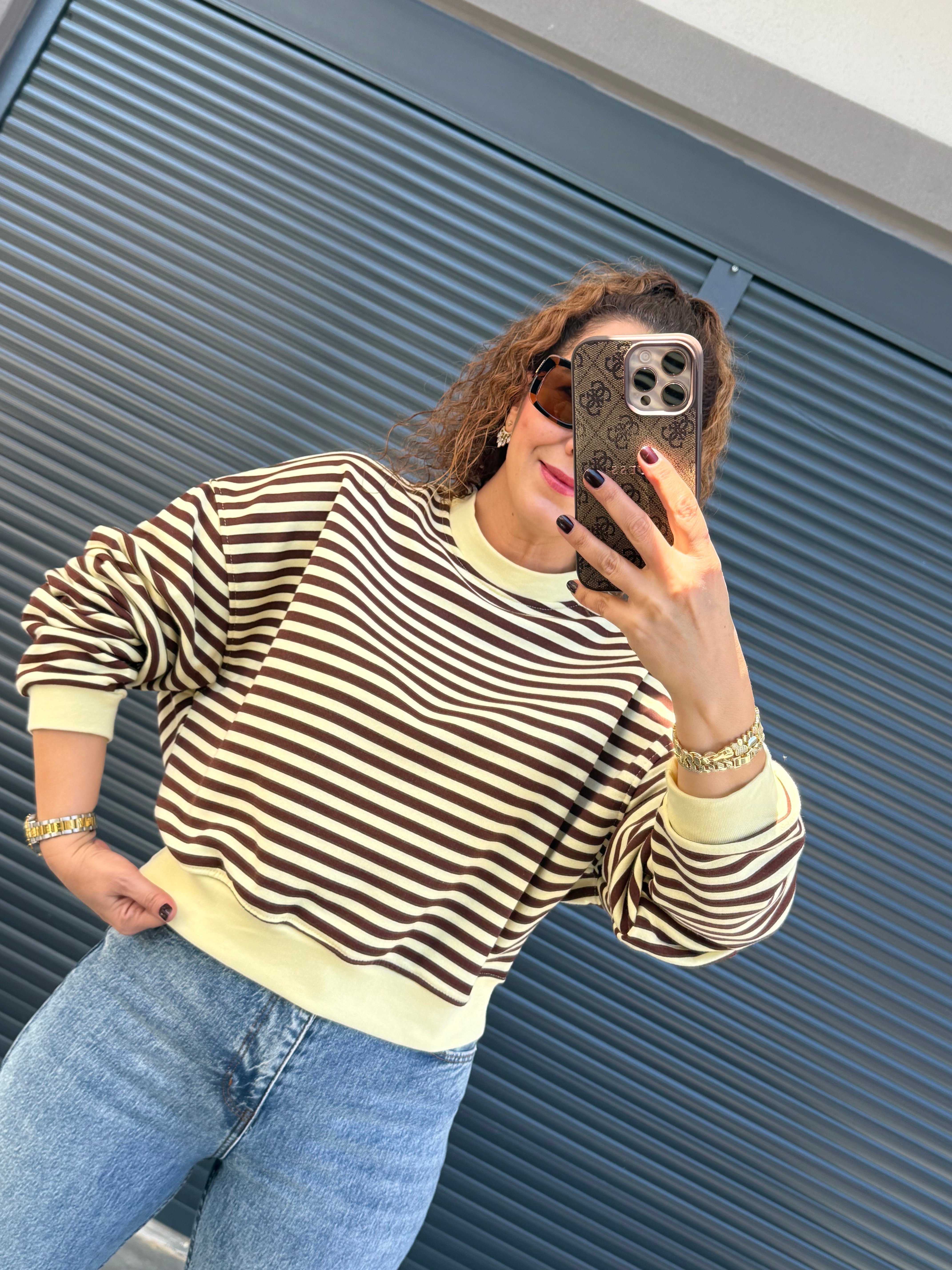 Kahve Çizgili Sweat Sarı