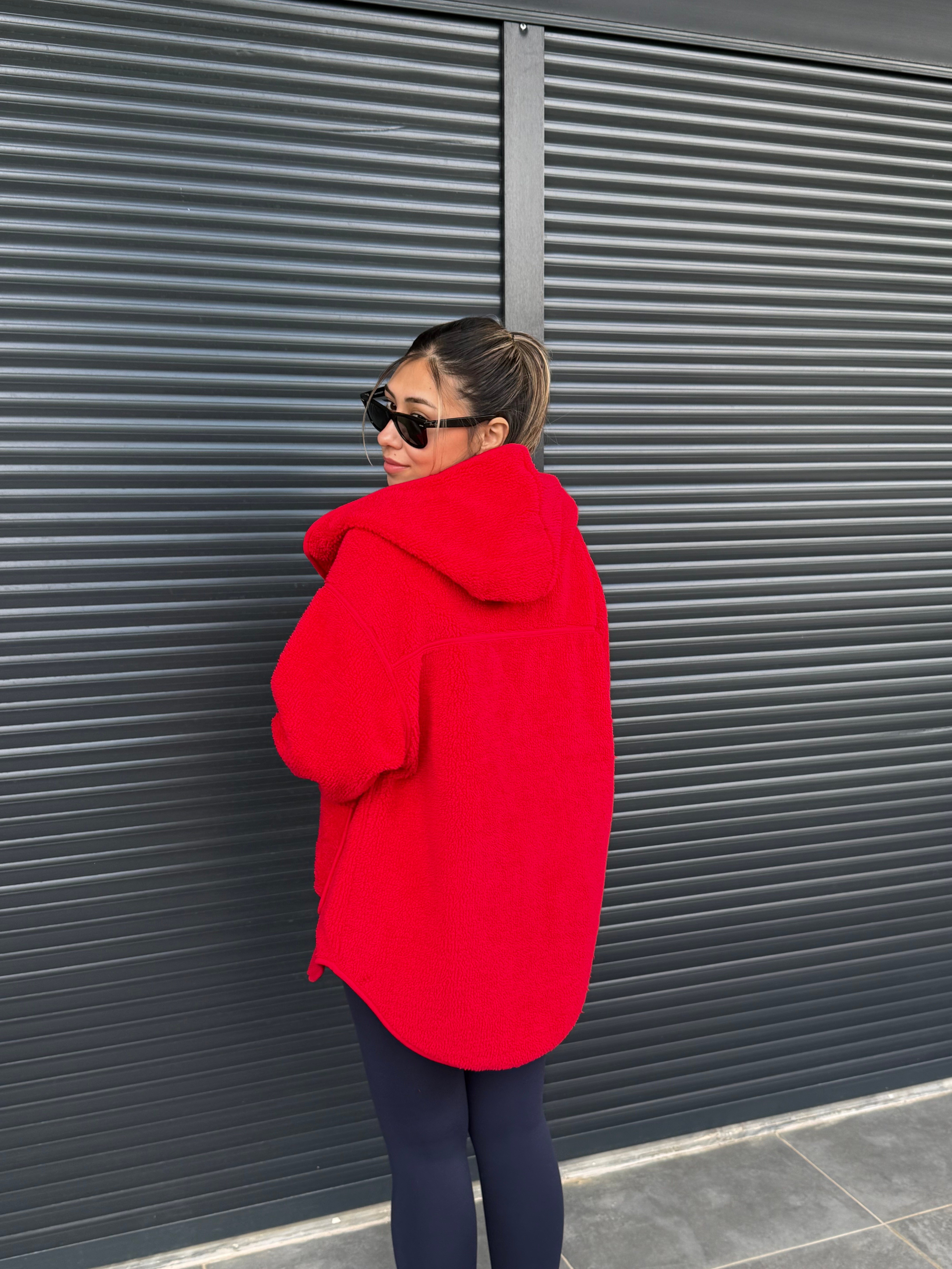 Kanguru Cepli Fermuarlı Polar Sweat Kırmızı 