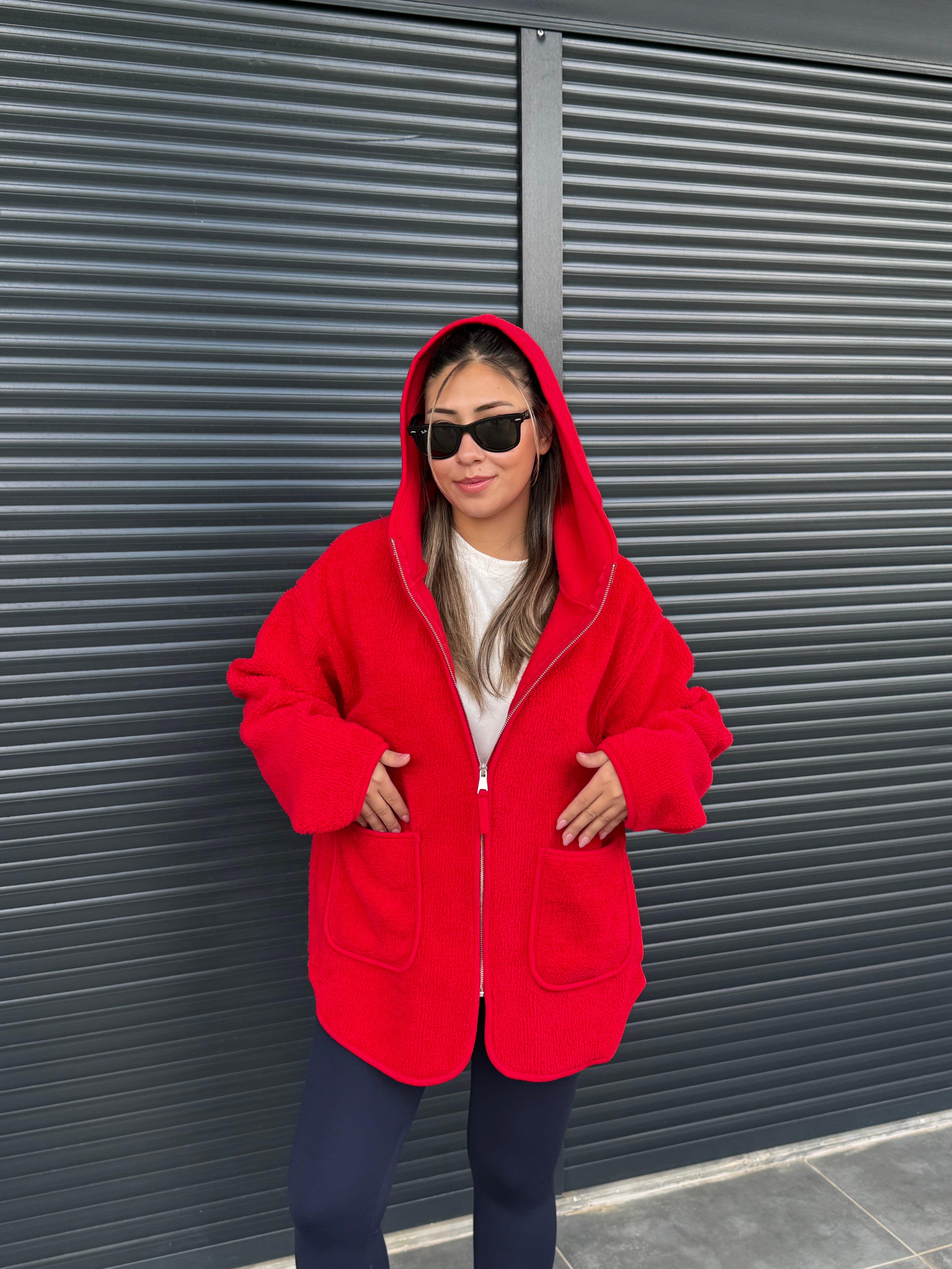 Kanguru Cepli Fermuarlı Polar Sweat Kırmızı 