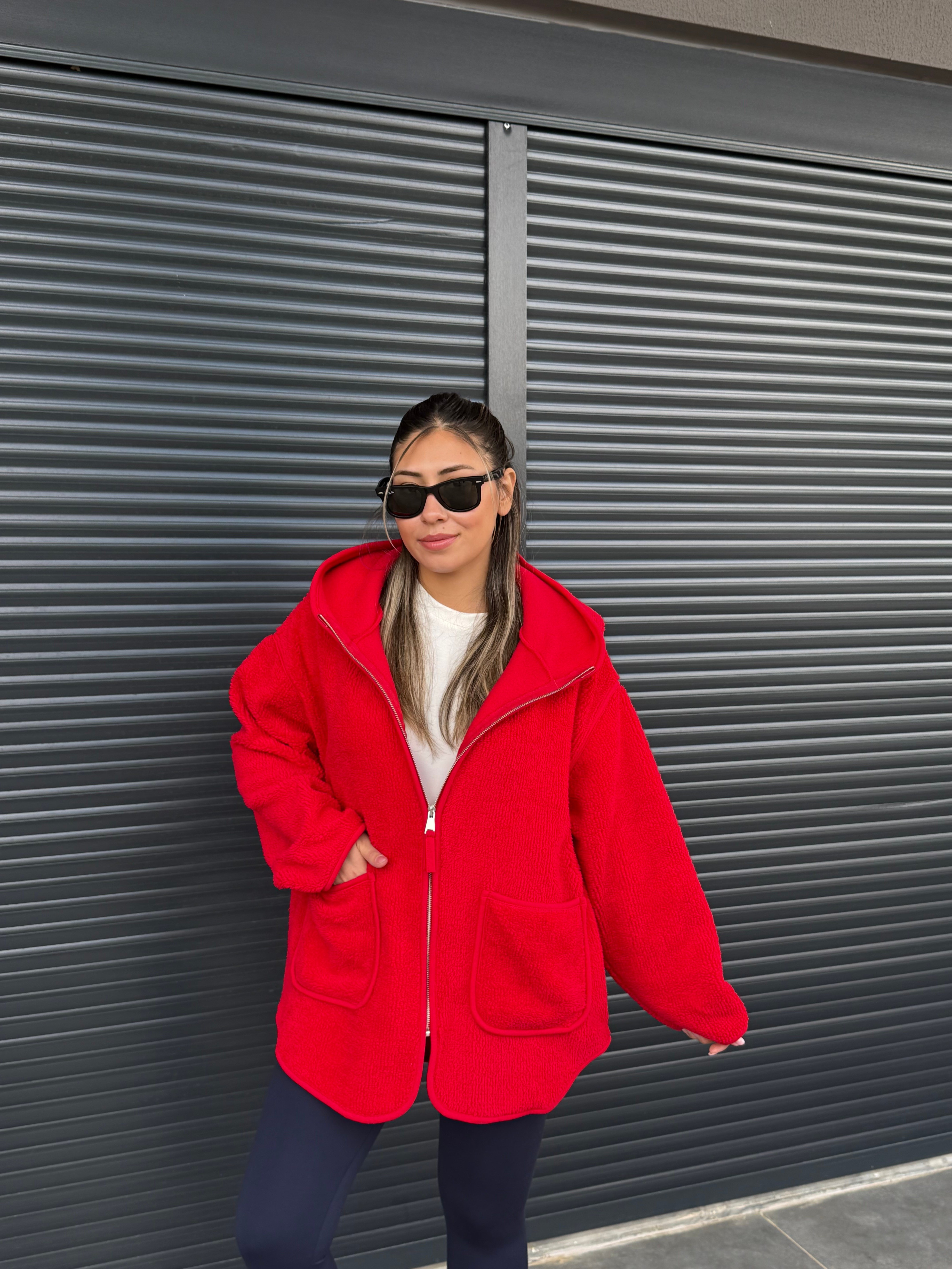 Kanguru Cepli Fermuarlı Polar Sweat Kırmızı 