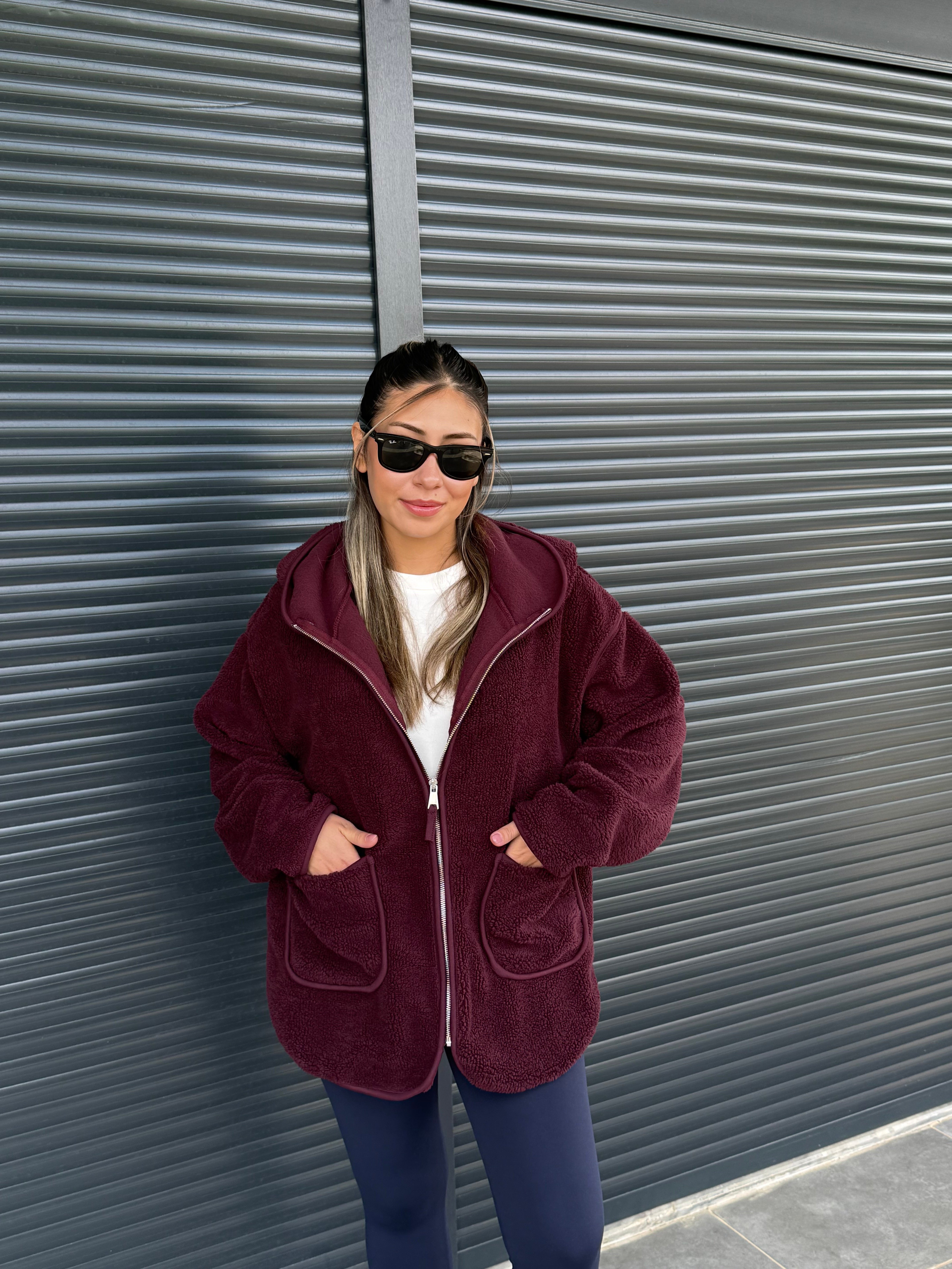 Kanguru Cepli Fermuarlı Polar Sweat Mürdüm
