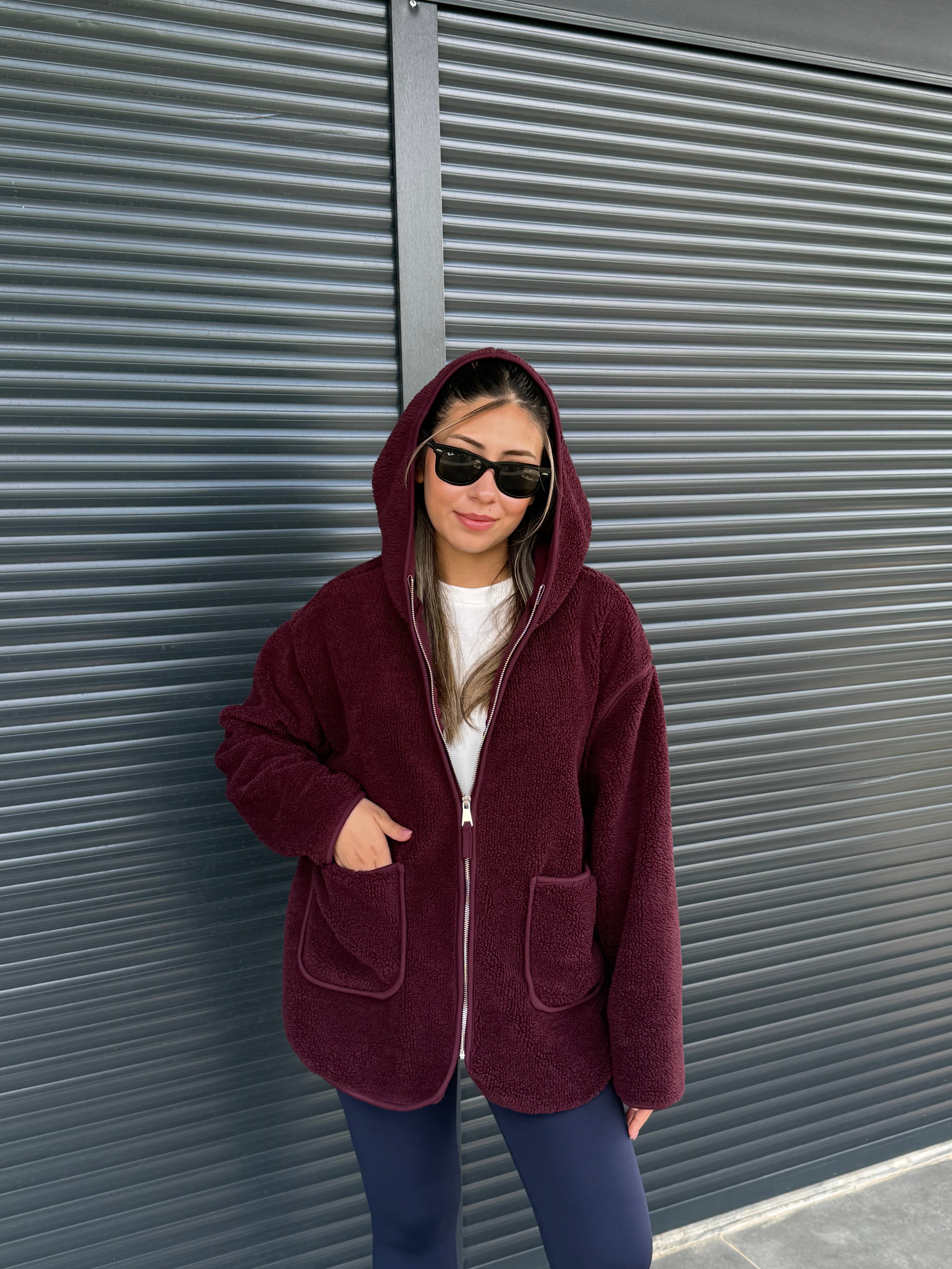 Kanguru Cepli Fermuarlı Polar Sweat Mürdüm