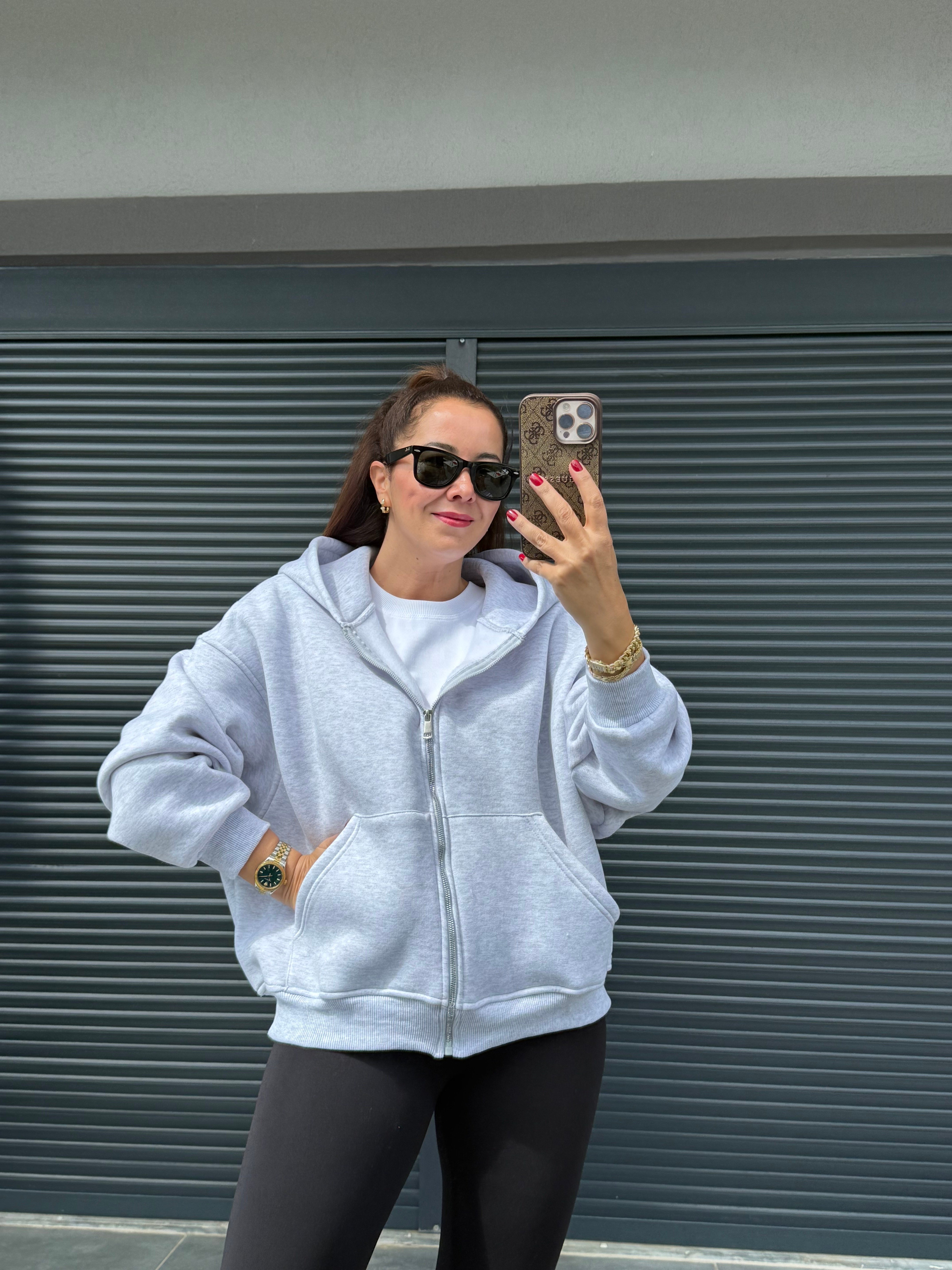 Kapşonlu Fermuarlı Sweat Gri