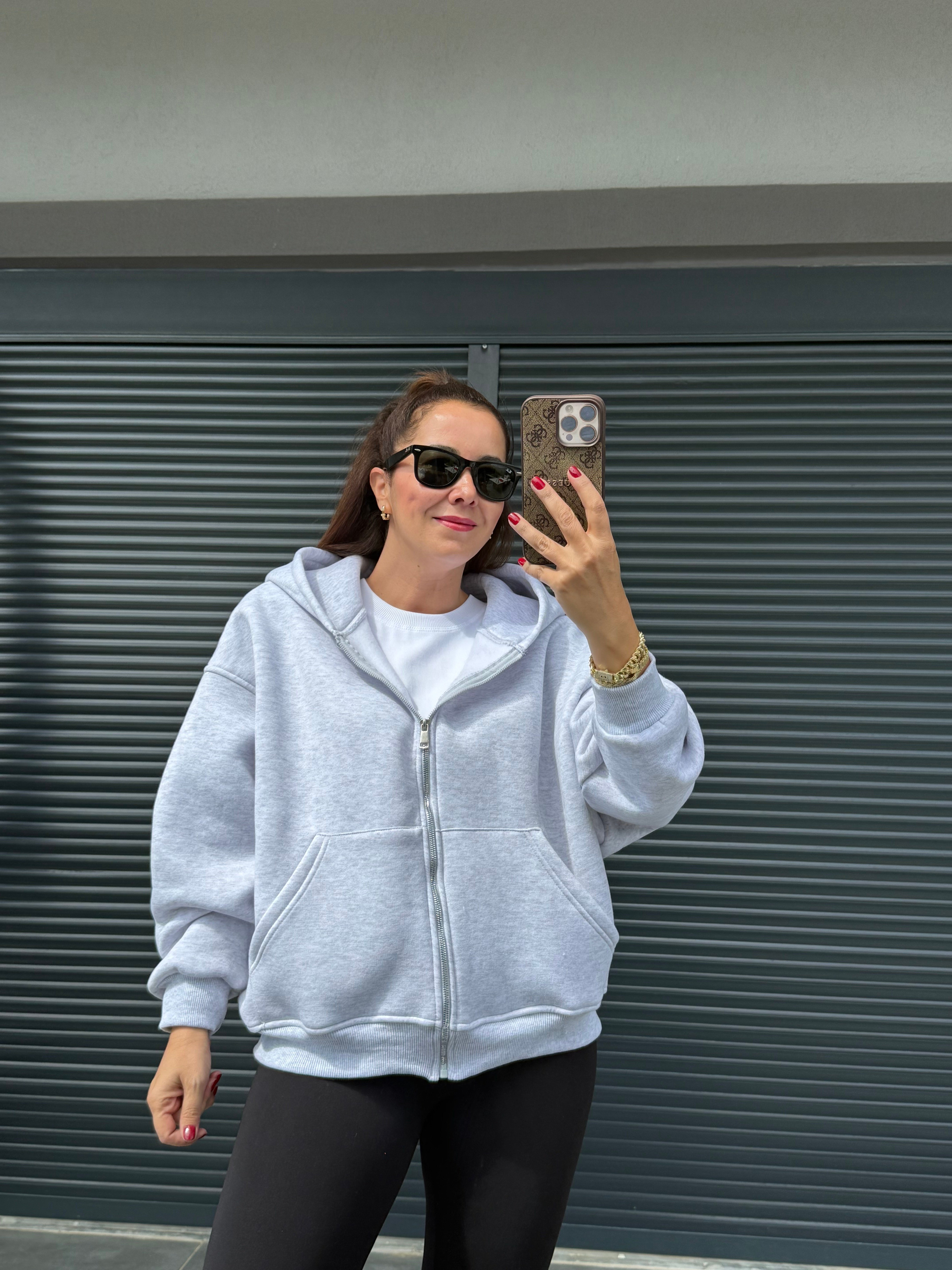 Kapşonlu Fermuarlı Sweat Gri