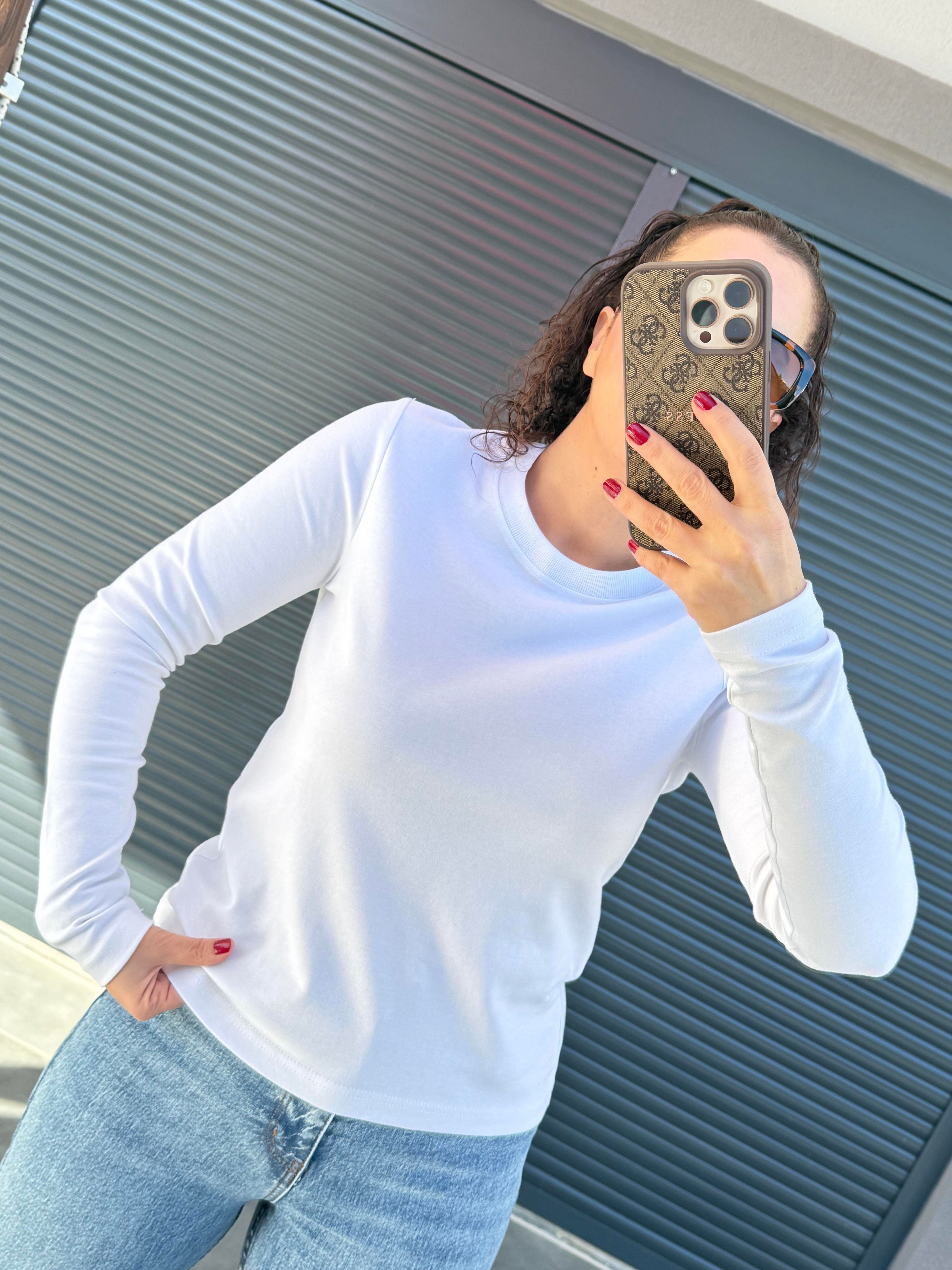 Karol Dekoratif Dikişli Uzun Kol Basic Bluz Beyaz
