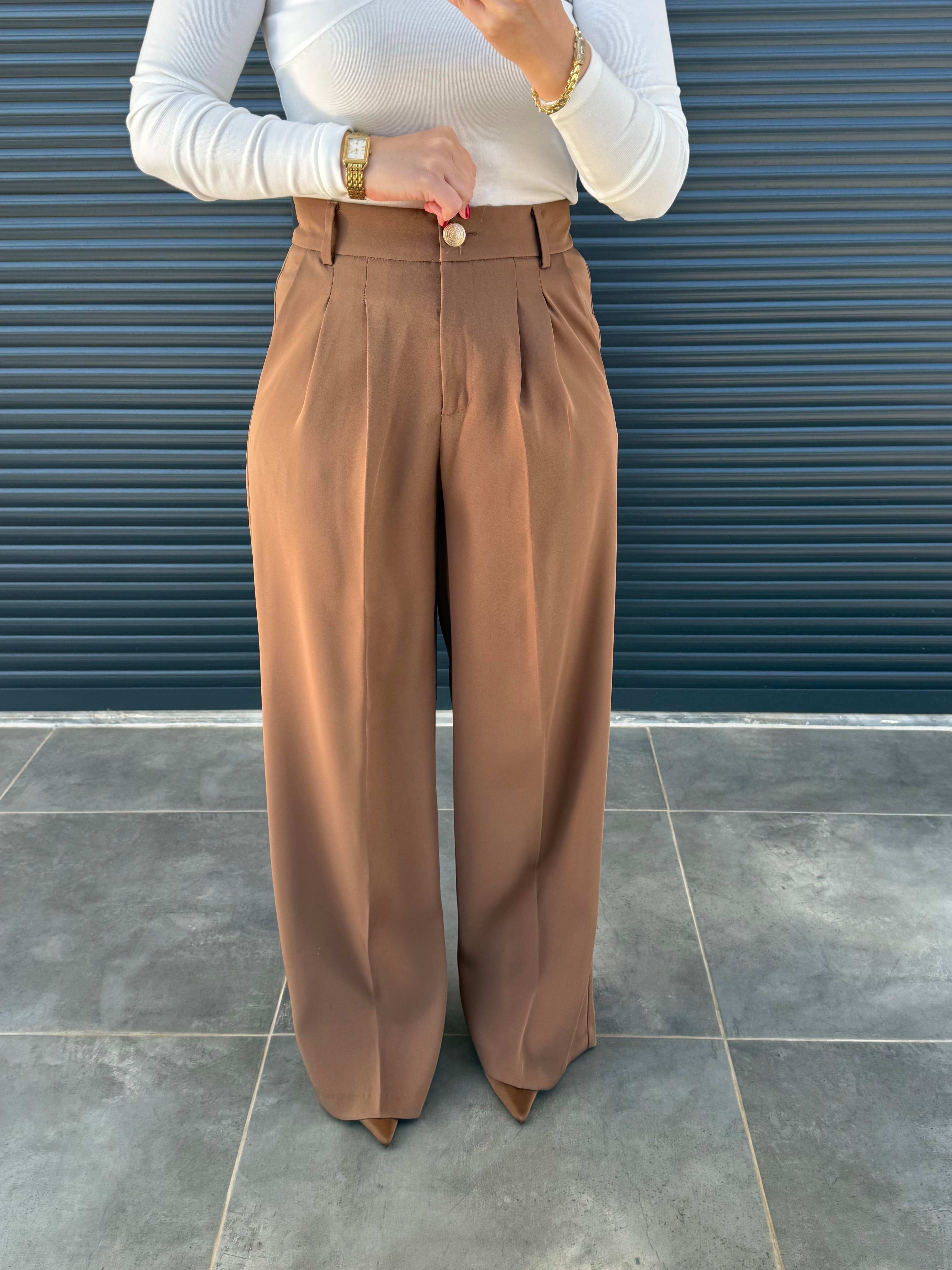 Karol Gold Düğmeli Palazzo Pantolon Camel