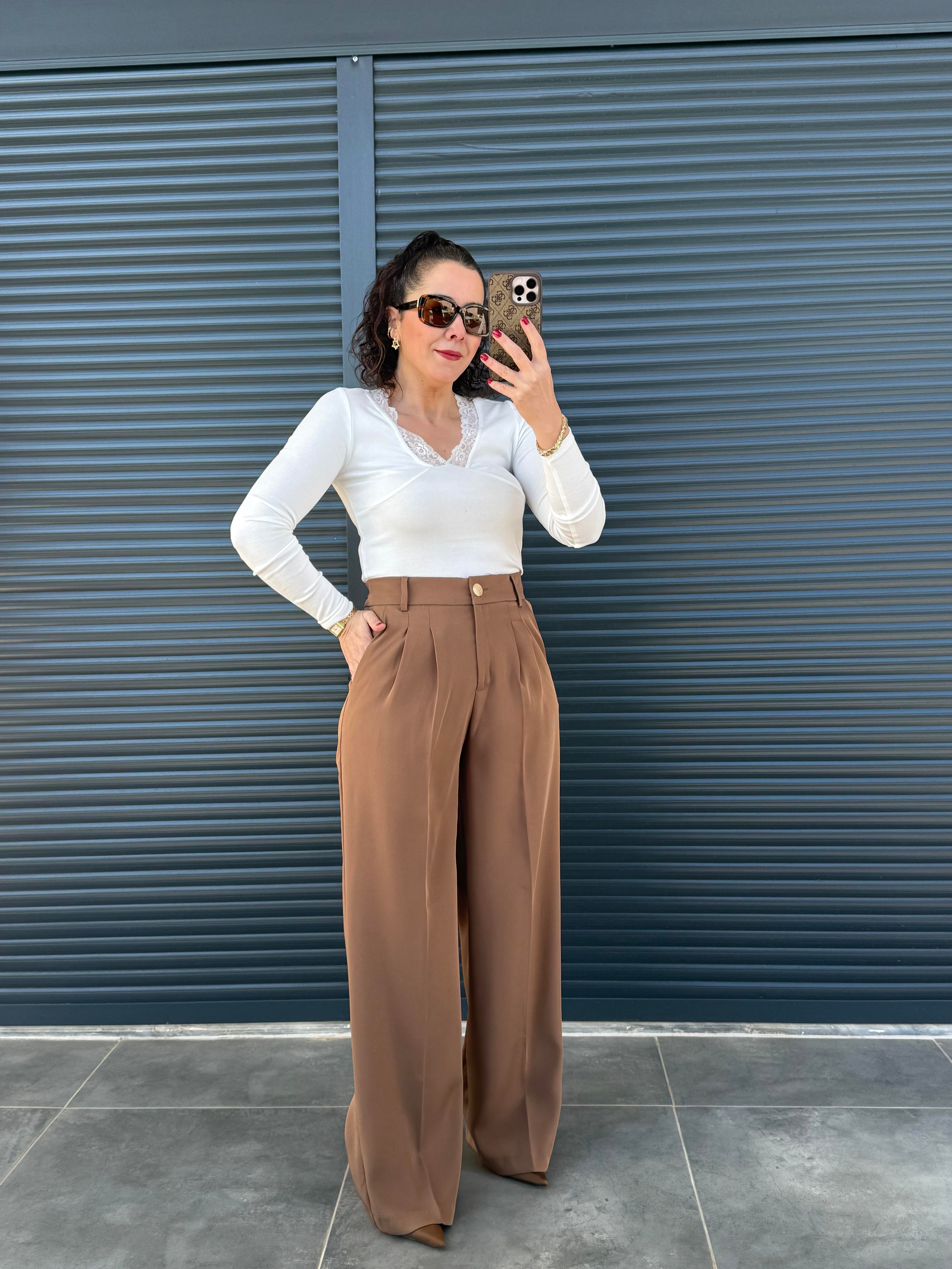 Karol Gold Düğmeli Palazzo Pantolon Camel