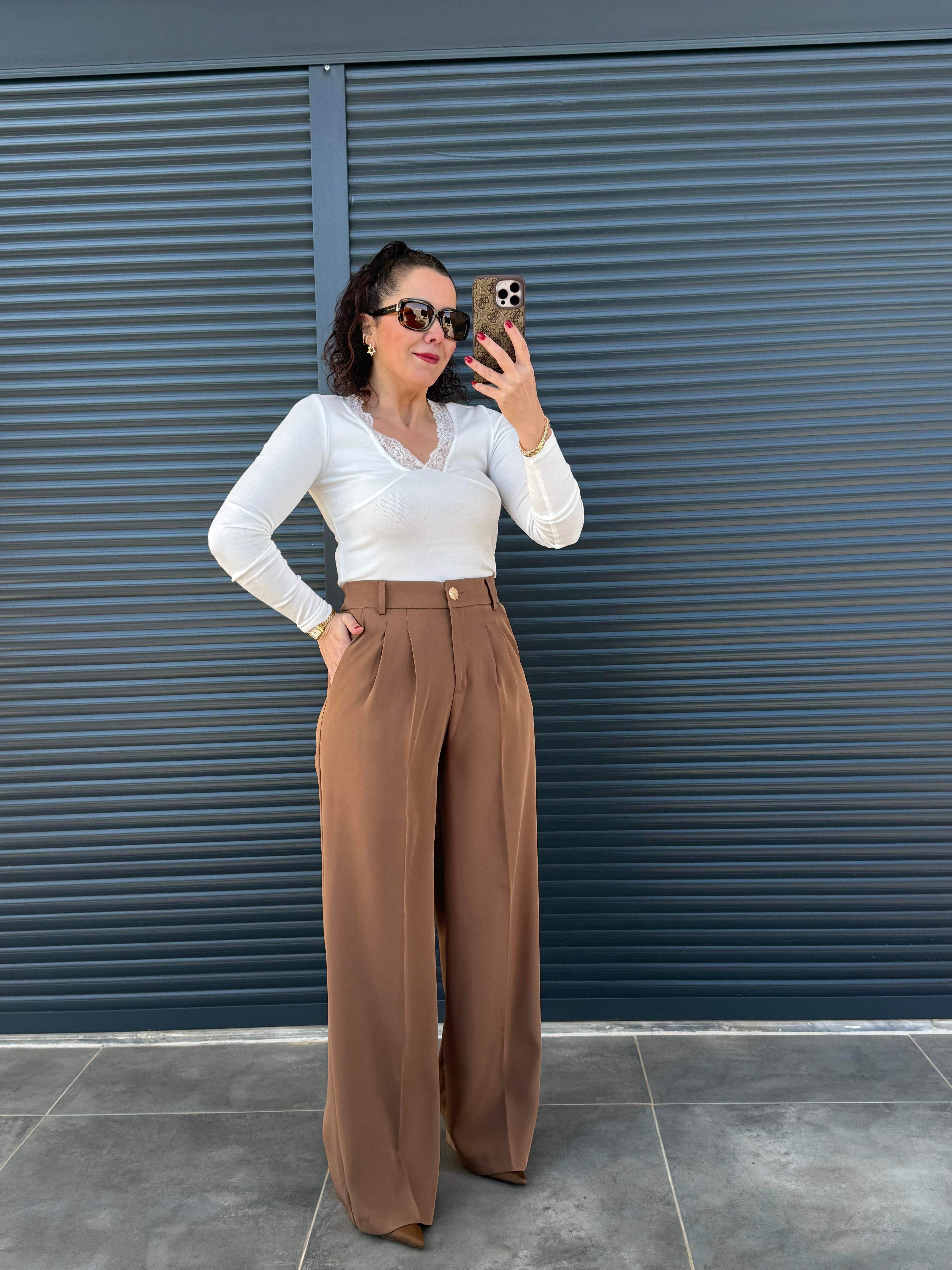 Karol Gold Düğmeli Palazzo Pantolon Camel