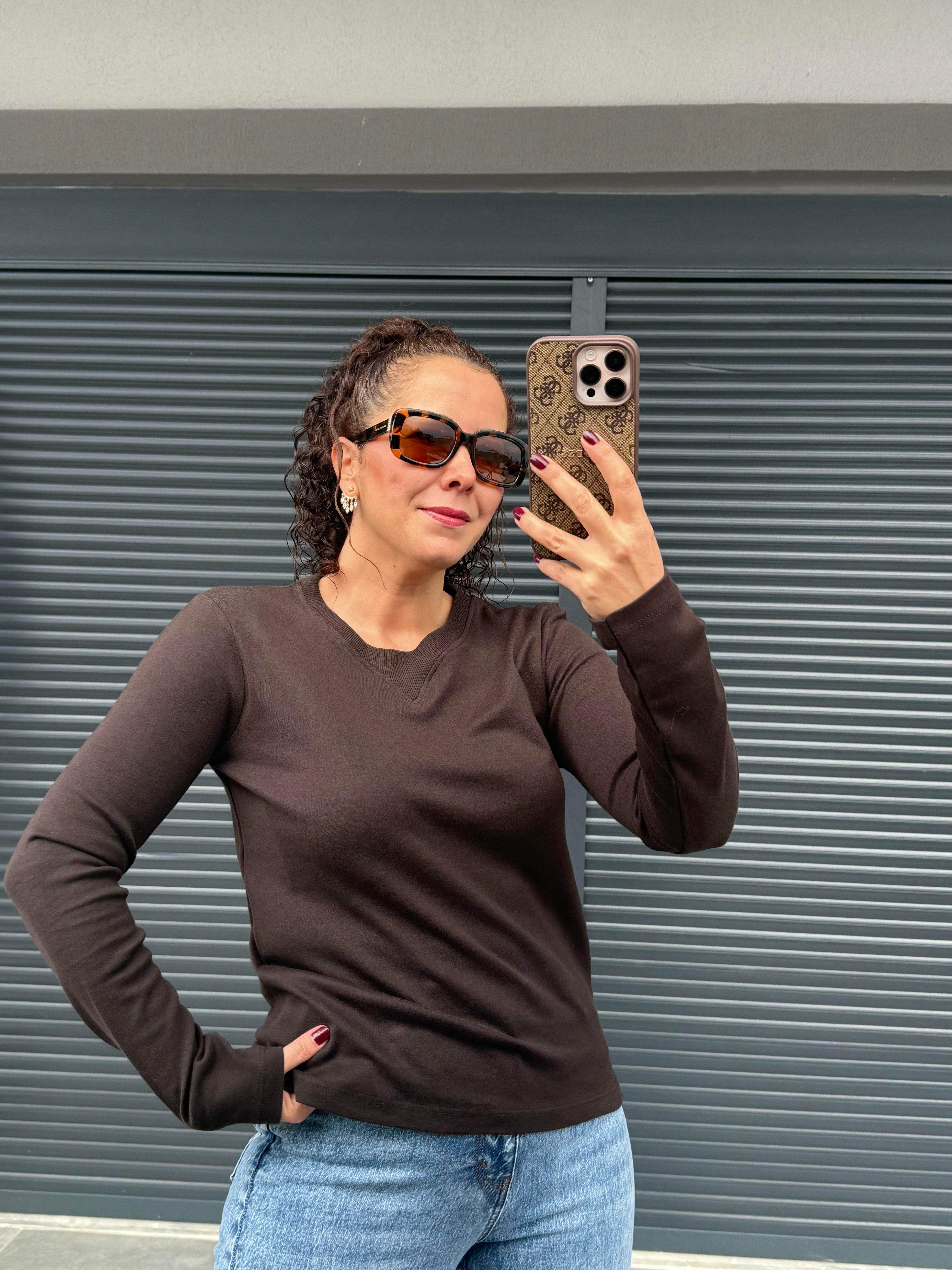 Karol Ribanalı Basic Bluz Acı Kahve
