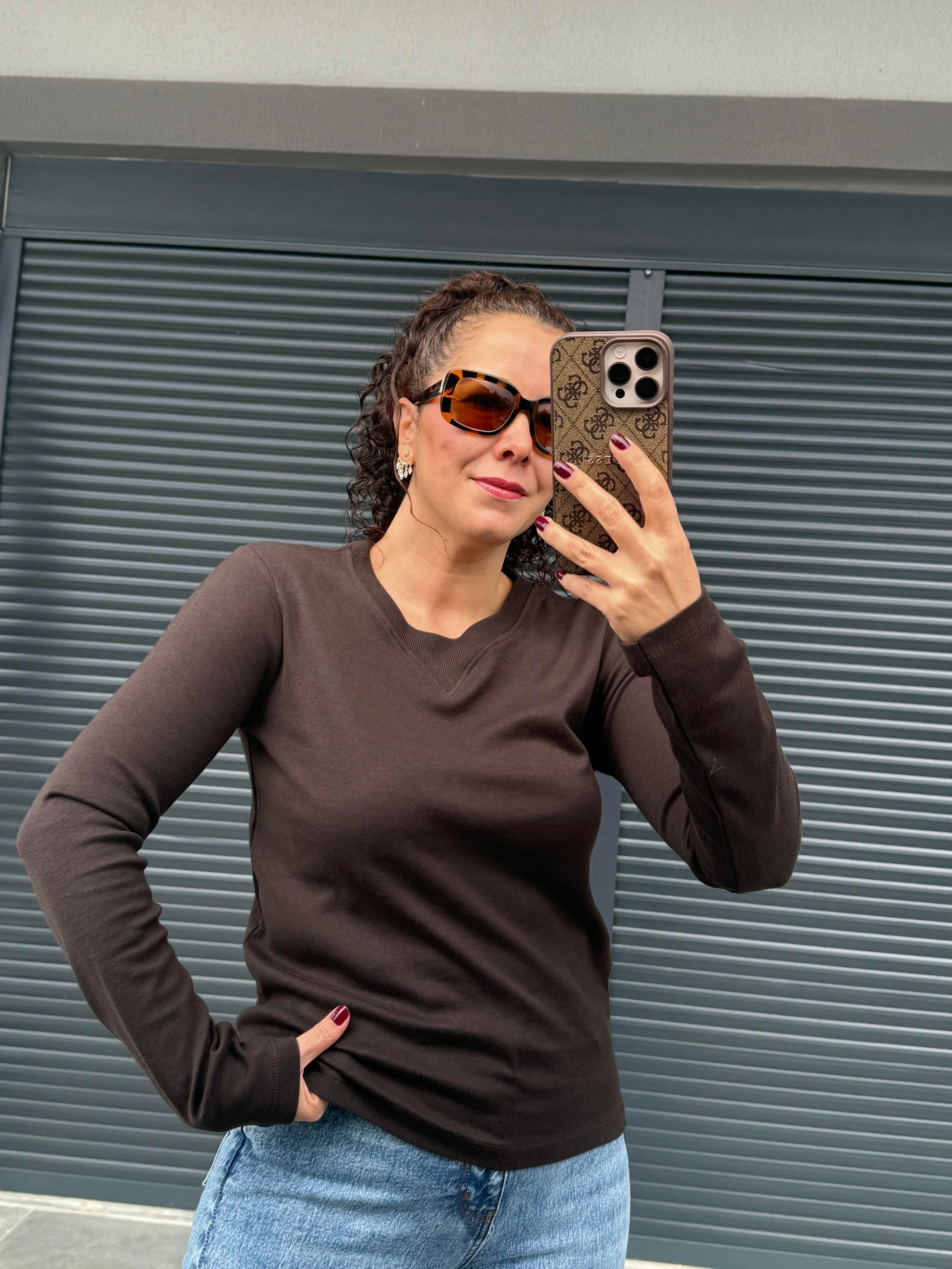 Karol Ribanalı Basic Bluz Acı Kahve