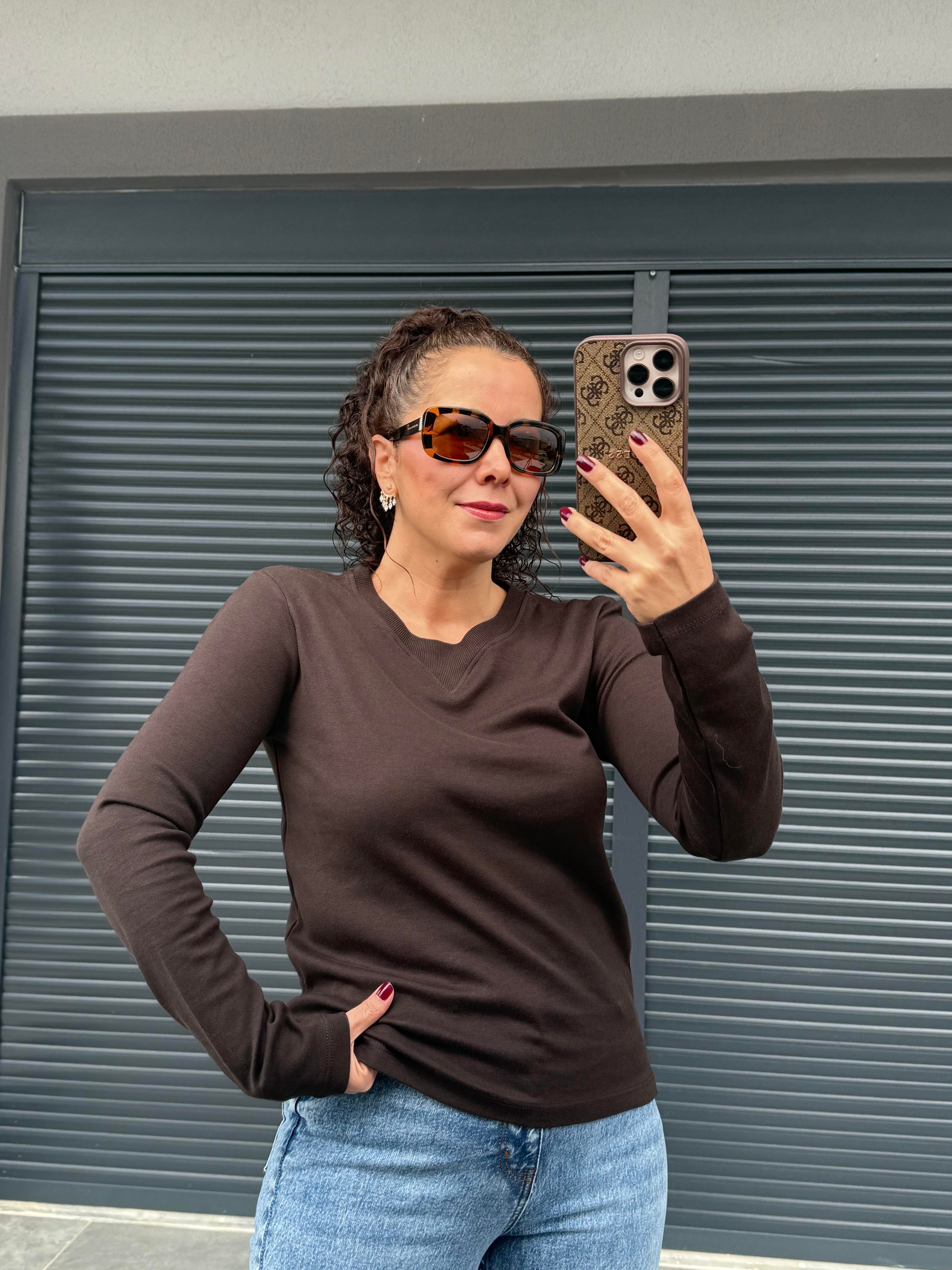 Karol Ribanalı Basic Bluz Acı Kahve