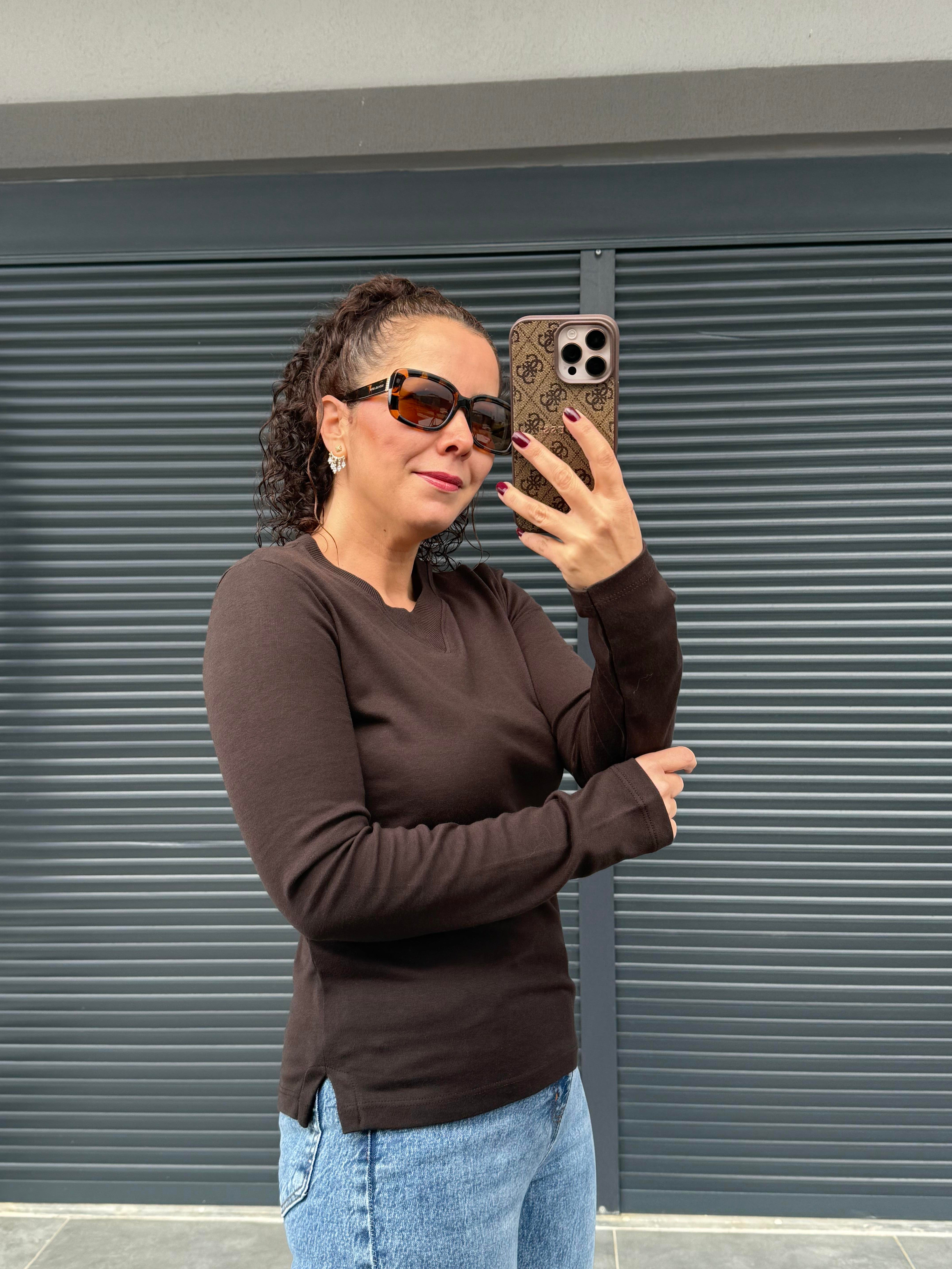 Karol Ribanalı Basic Bluz Acı Kahve