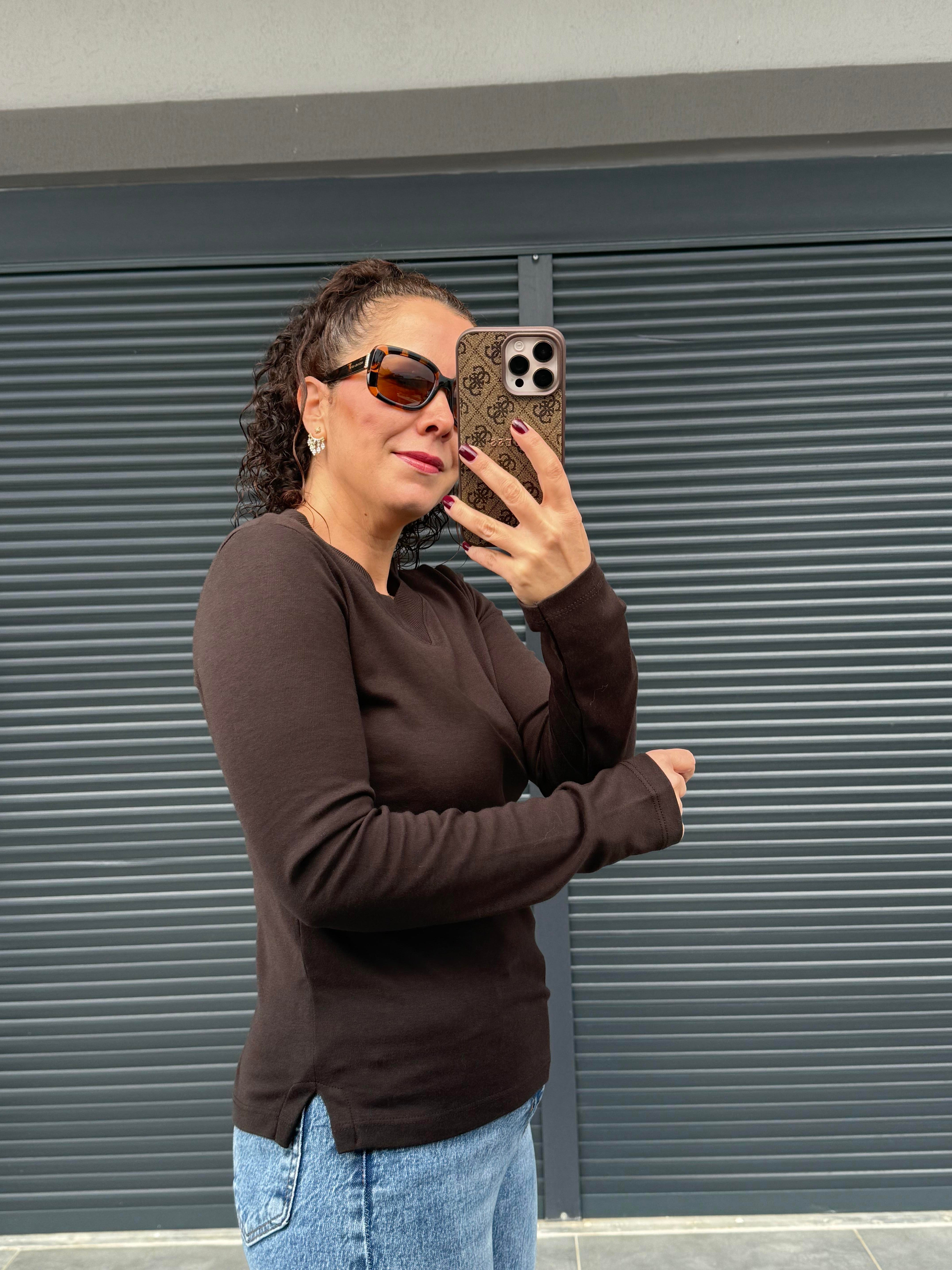 Karol Ribanalı Basic Bluz Acı Kahve