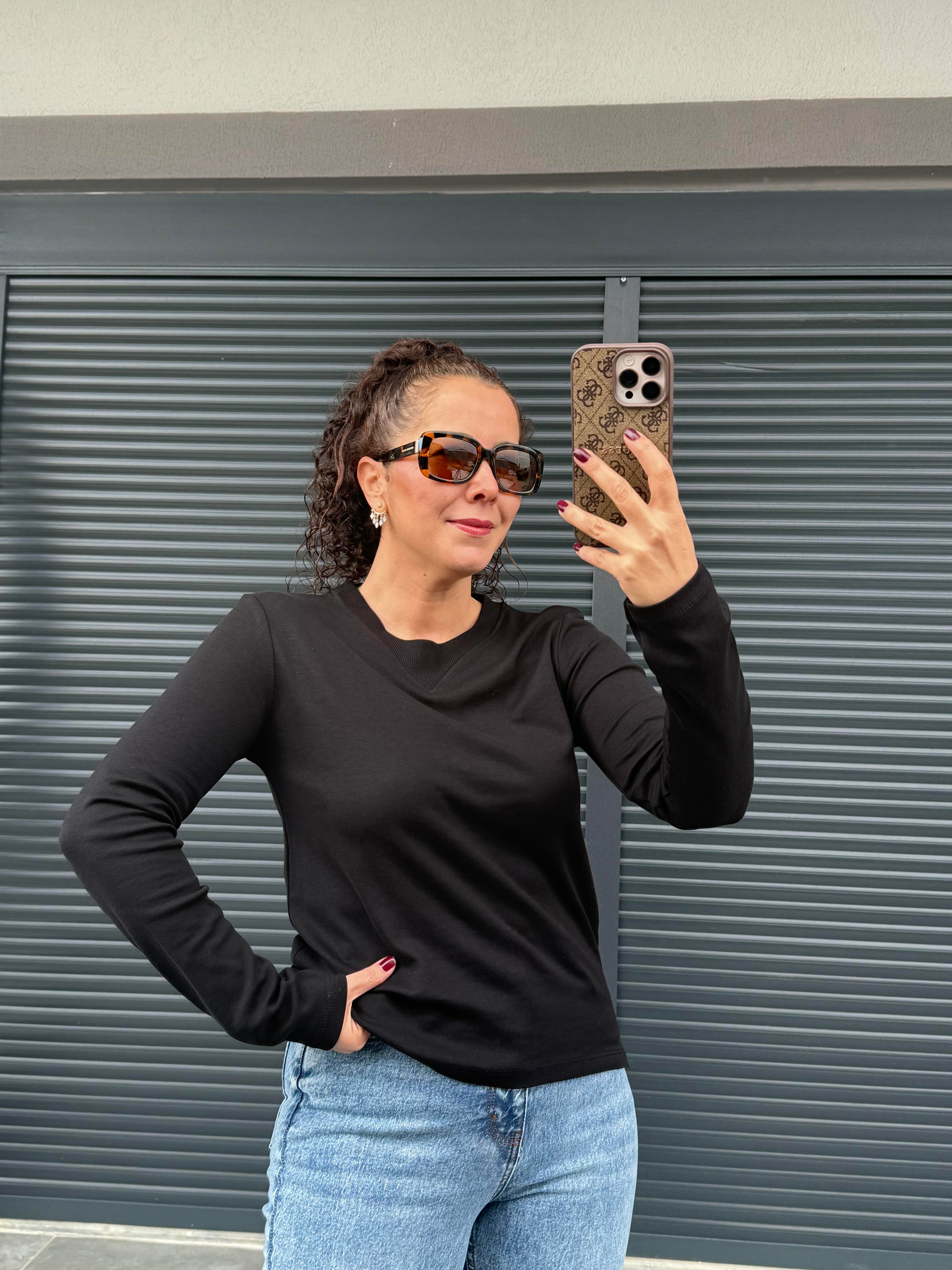 Karol Ribanalı Basic Bluz Siyah