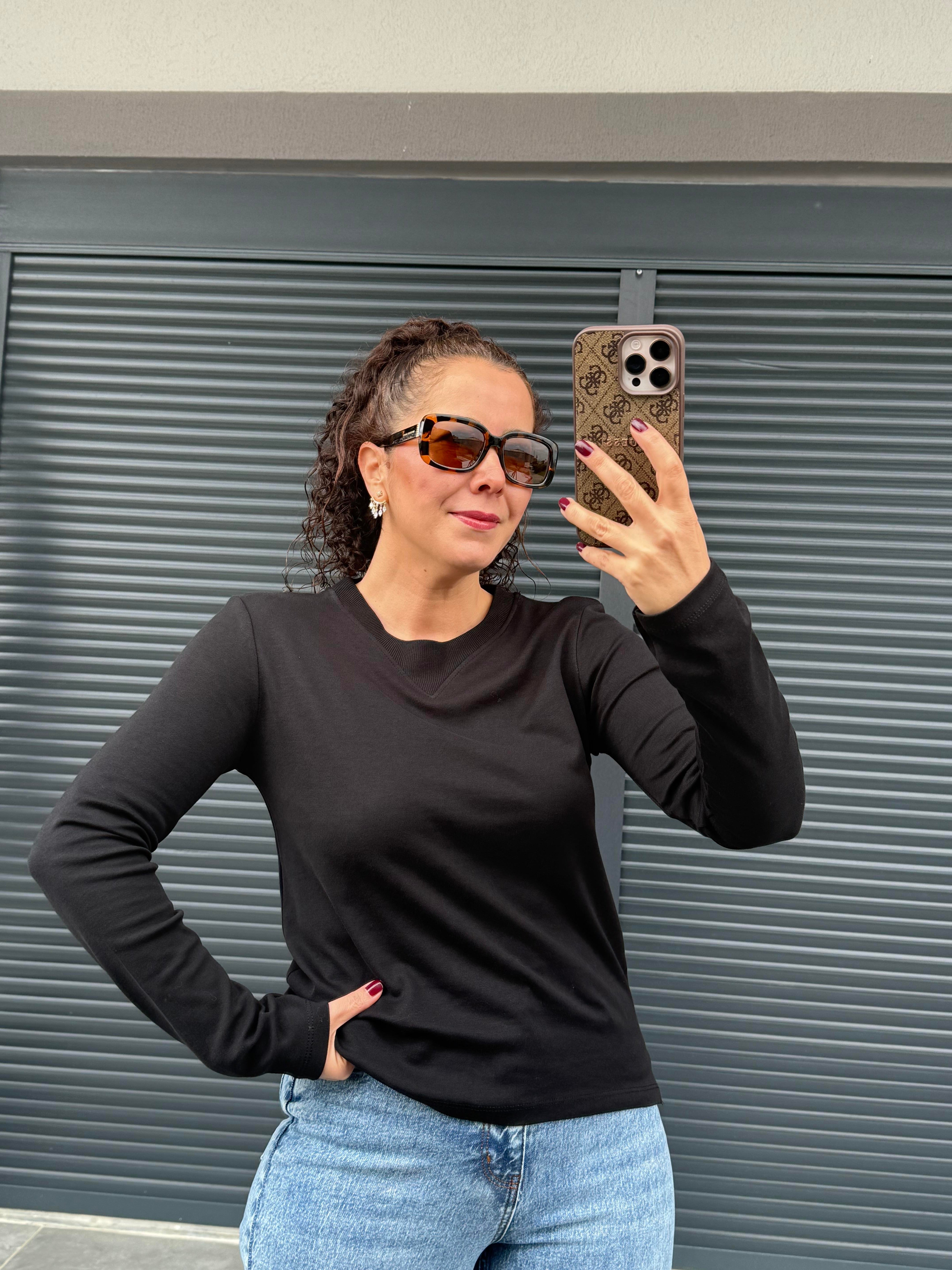 Karol Ribanalı Basic Bluz Siyah