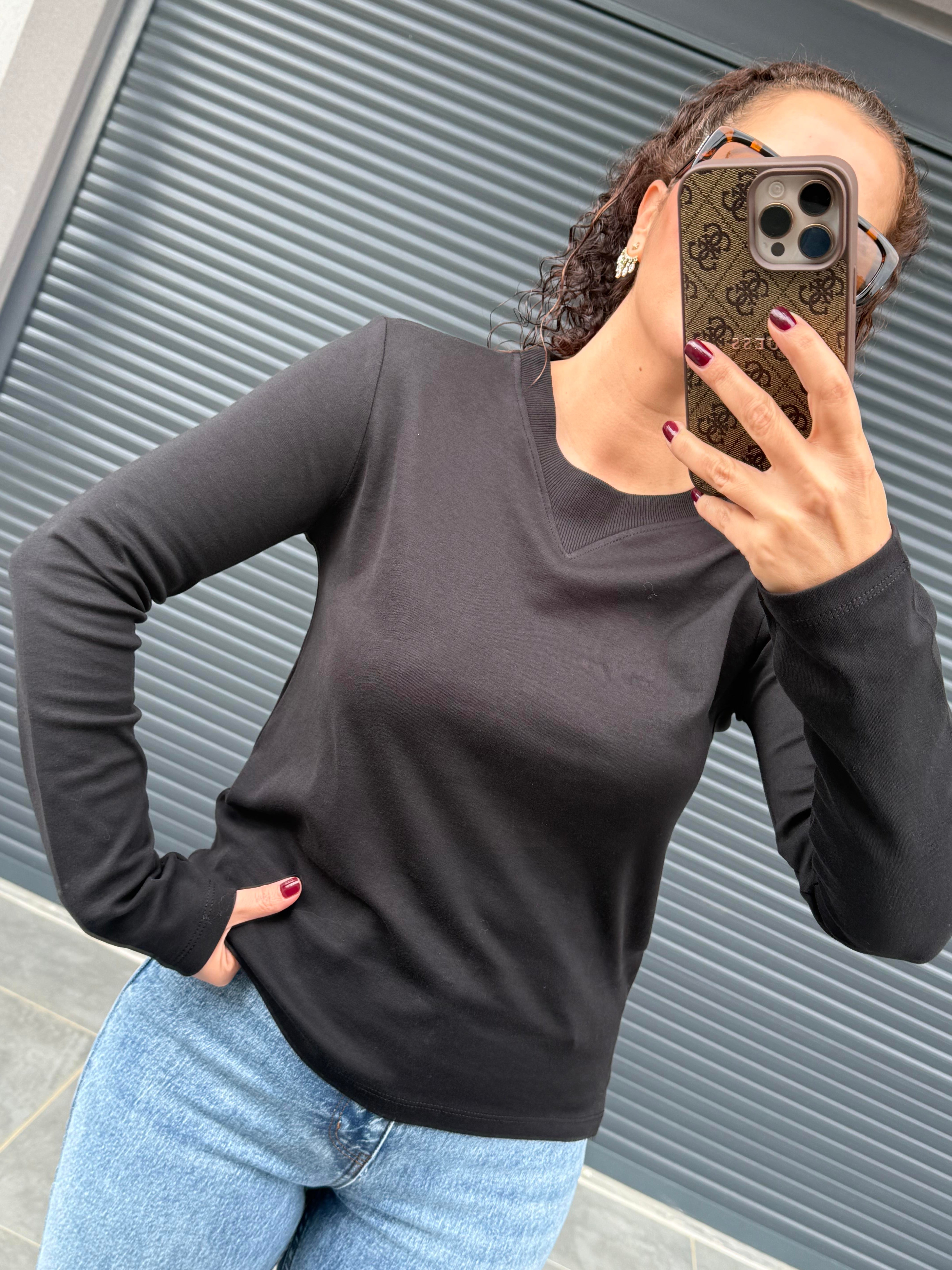 Karol Ribanalı Basic Bluz Siyah