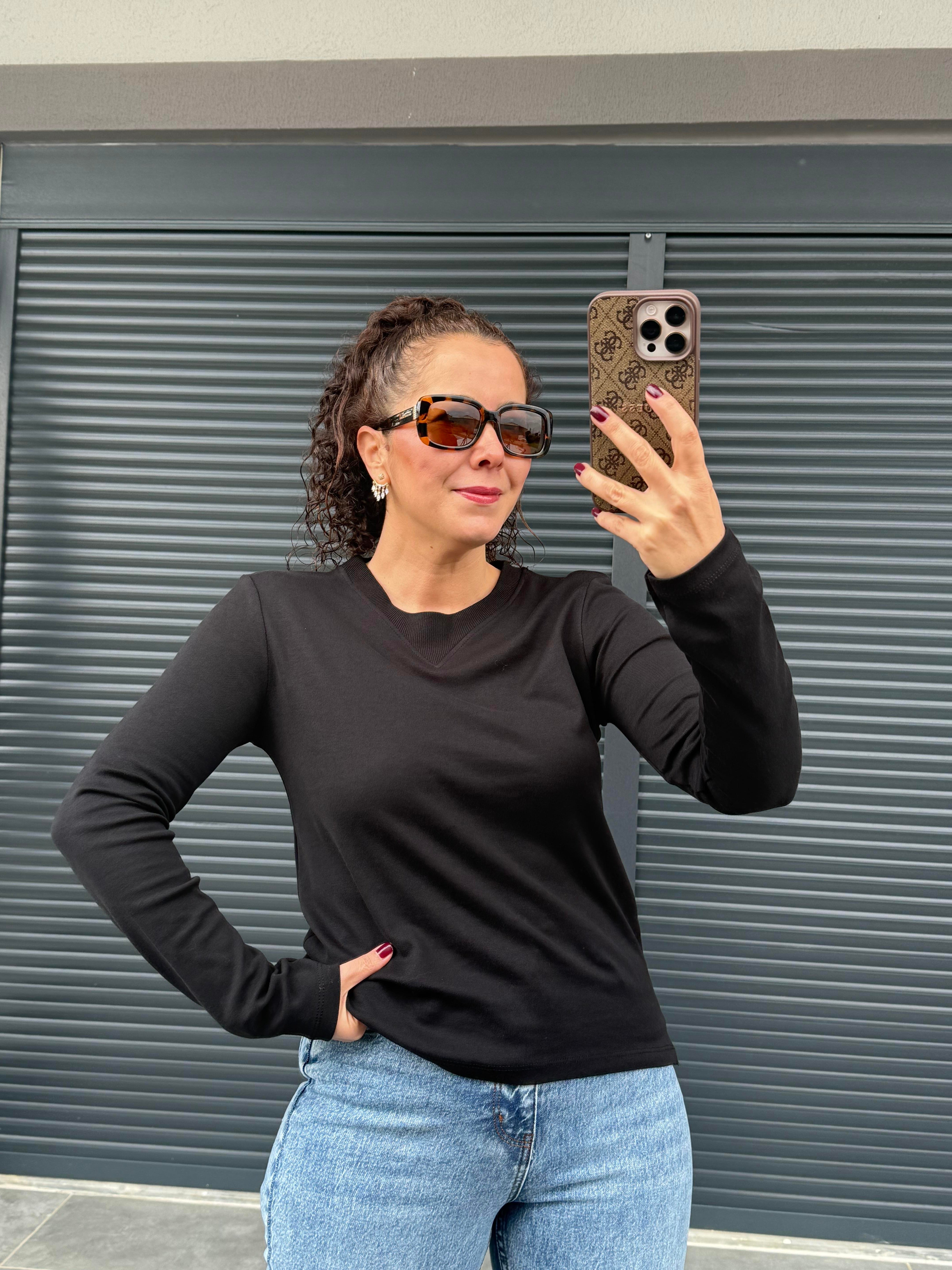 Karol Ribanalı Basic Bluz Siyah
