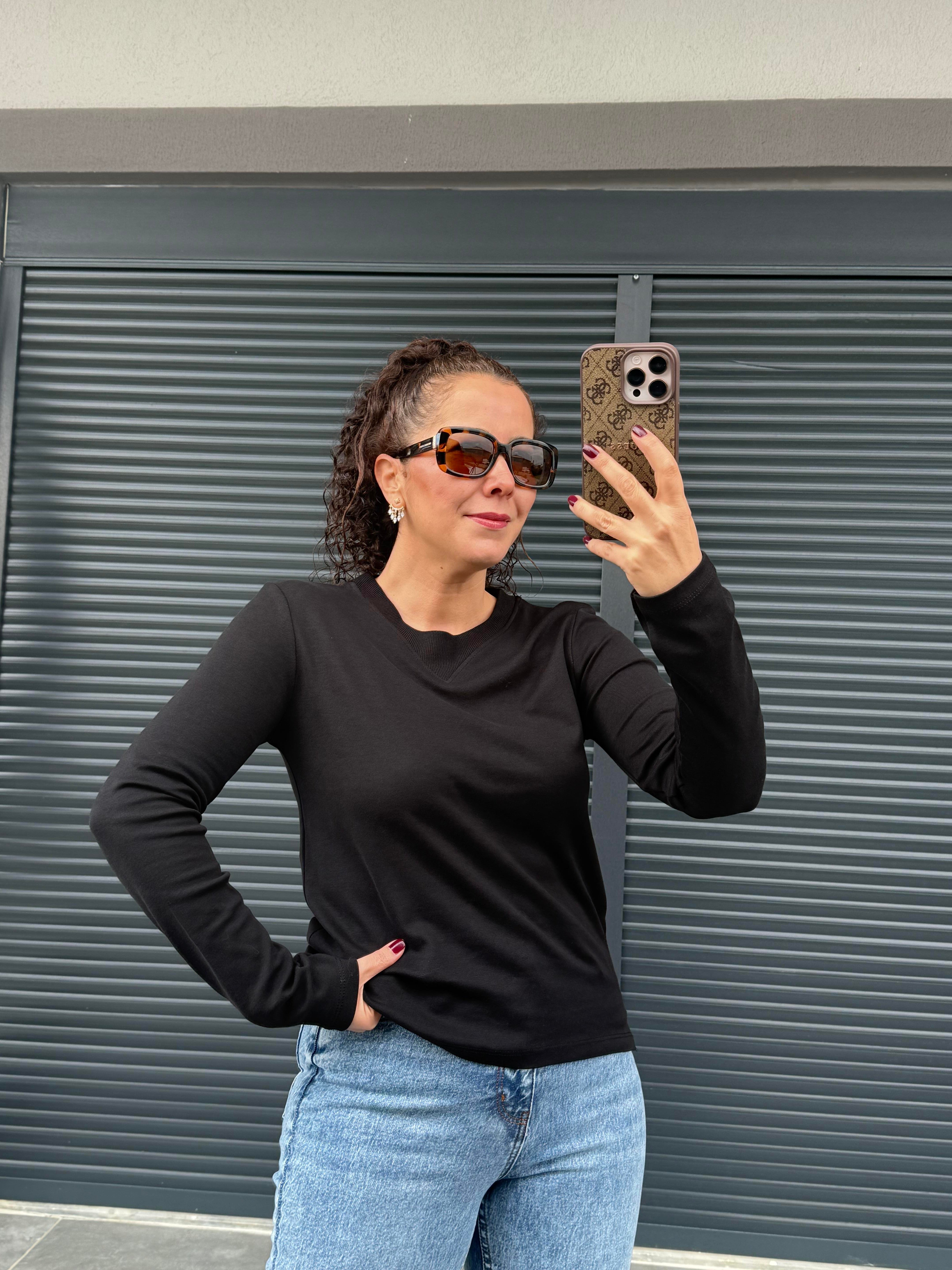 Karol Ribanalı Basic Bluz Siyah