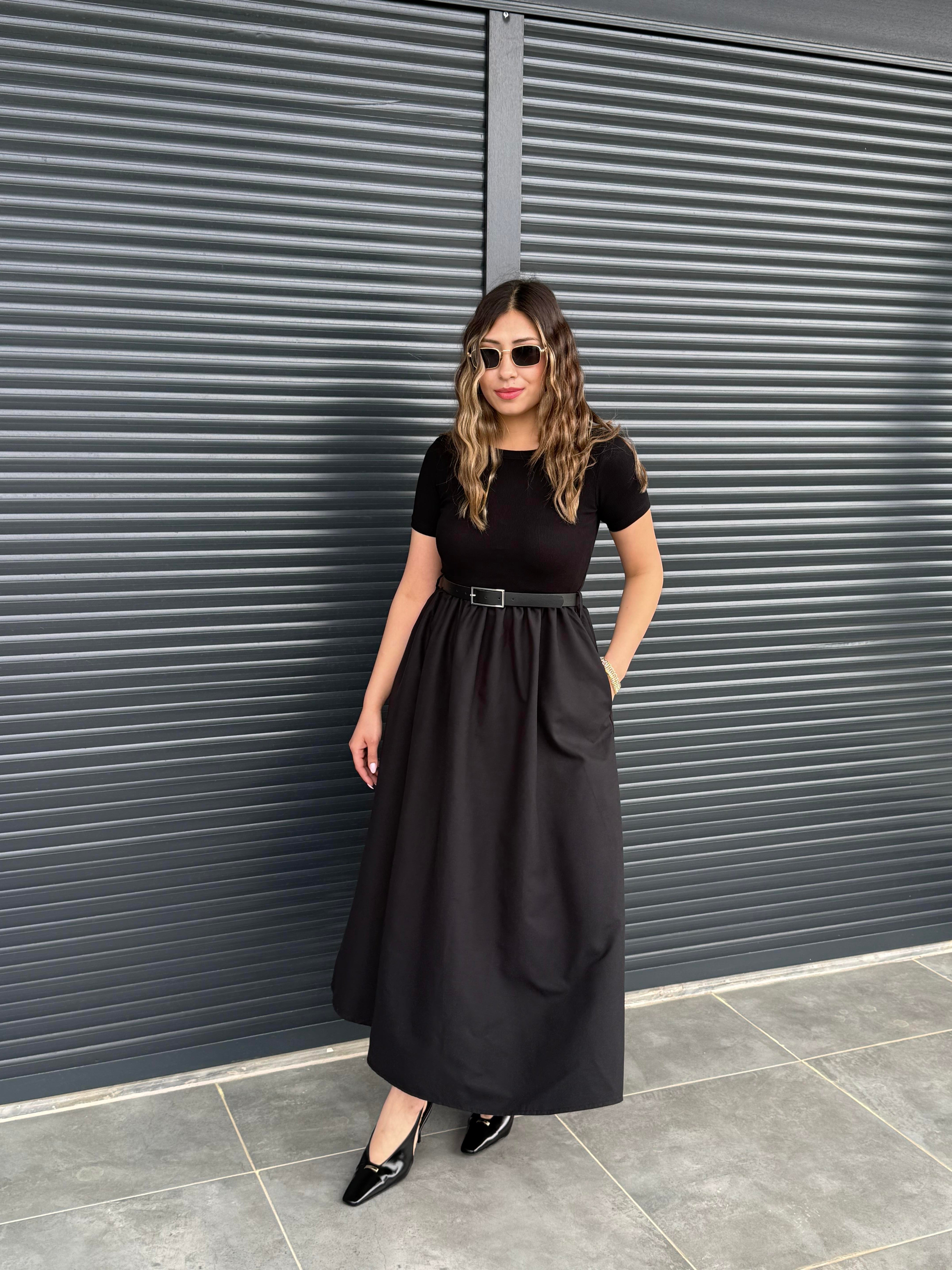 Kemerli Poplin Detaylı Elbise Siyah