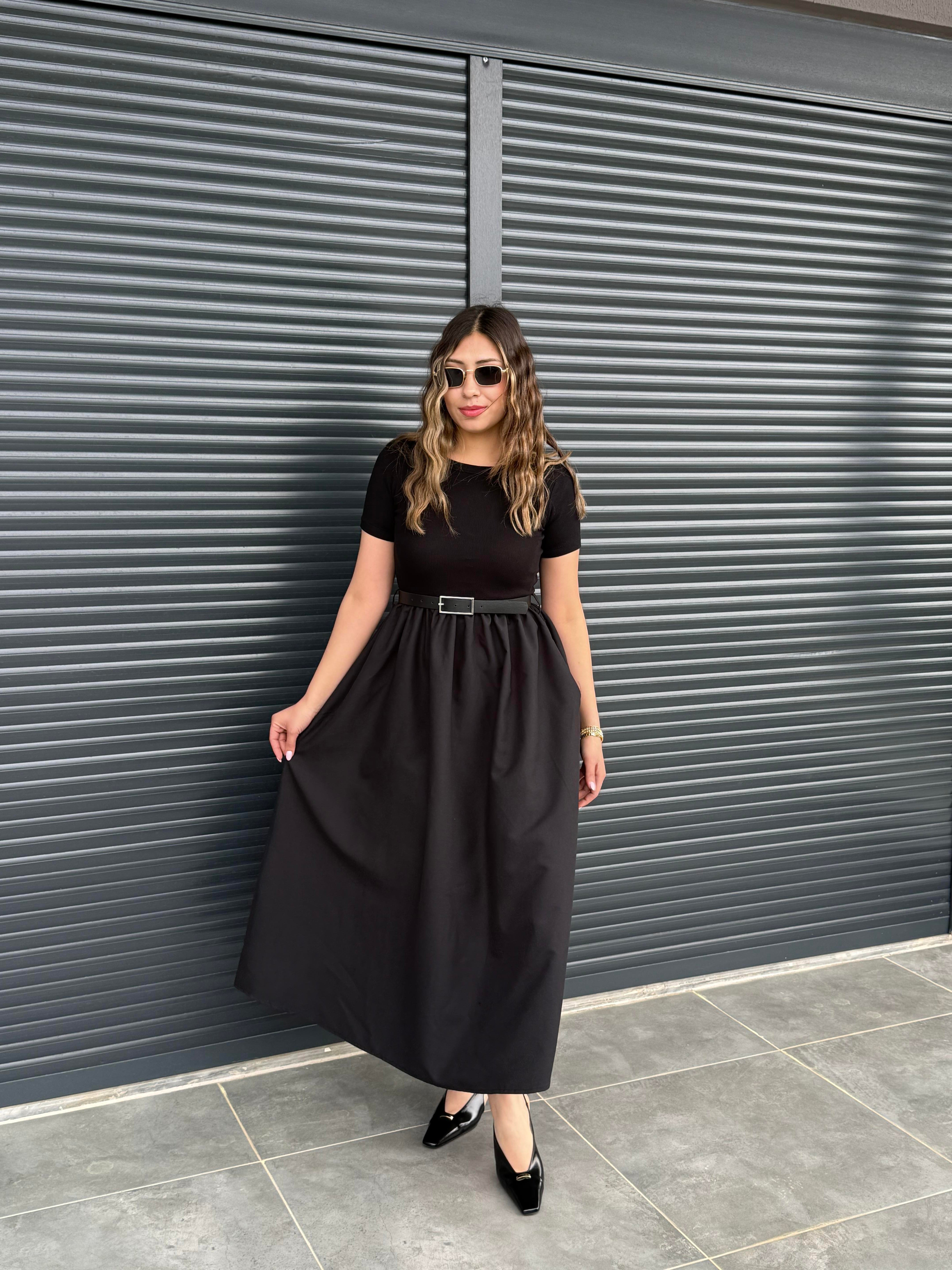 Kemerli Poplin Detaylı Elbise Siyah