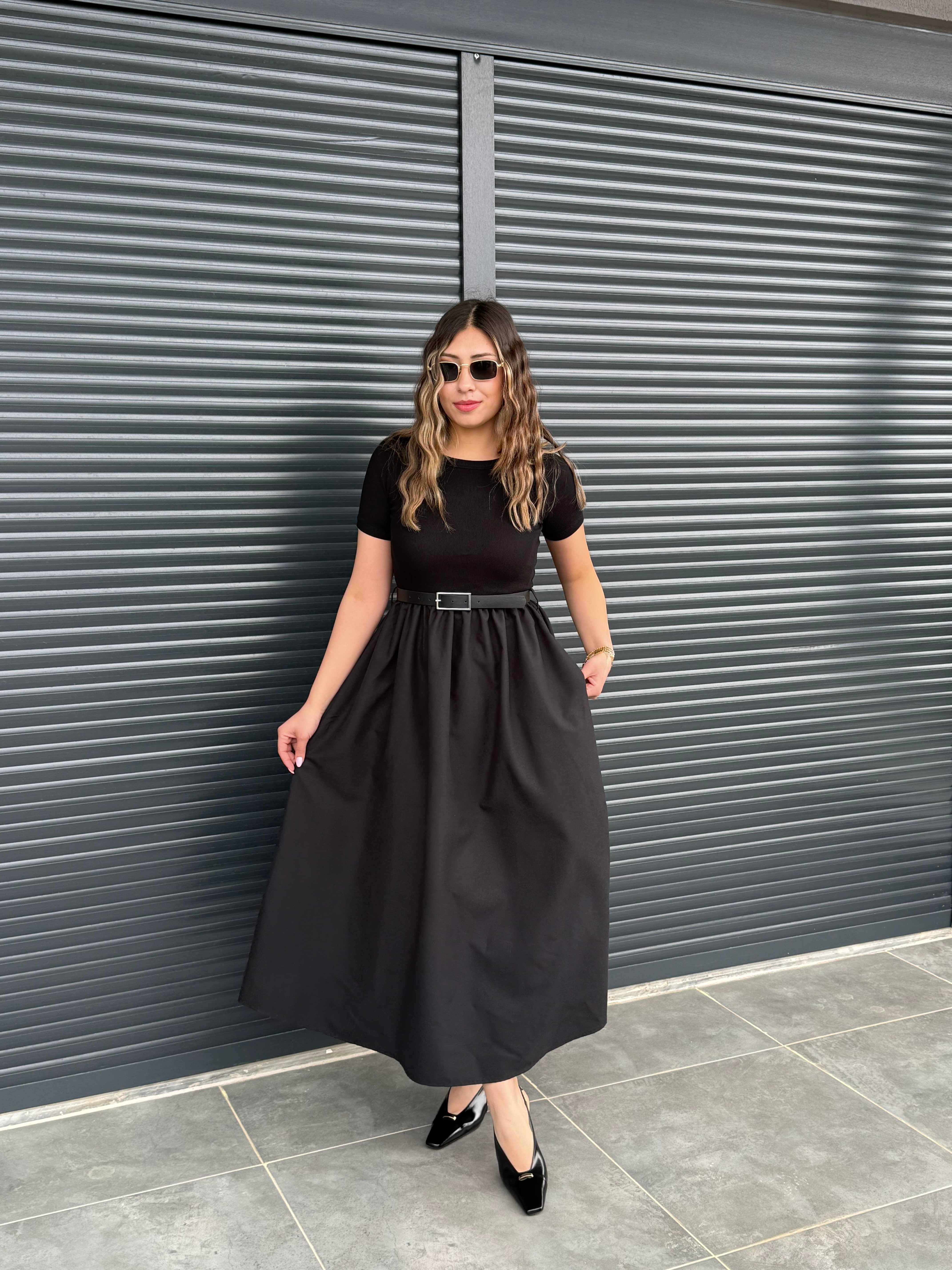 Kemerli Poplin Detaylı Elbise Siyah