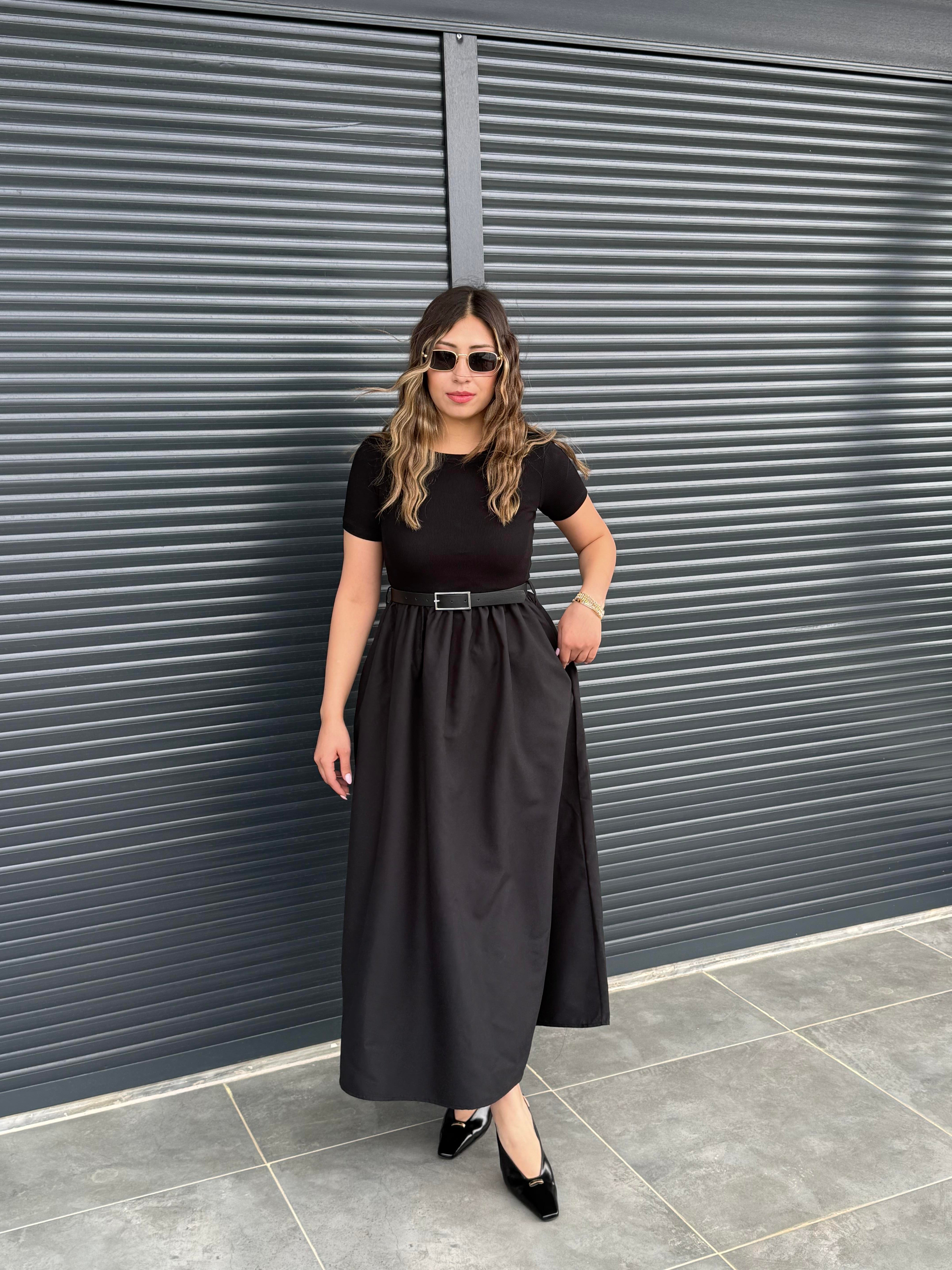 Kemerli Poplin Detaylı Elbise Siyah