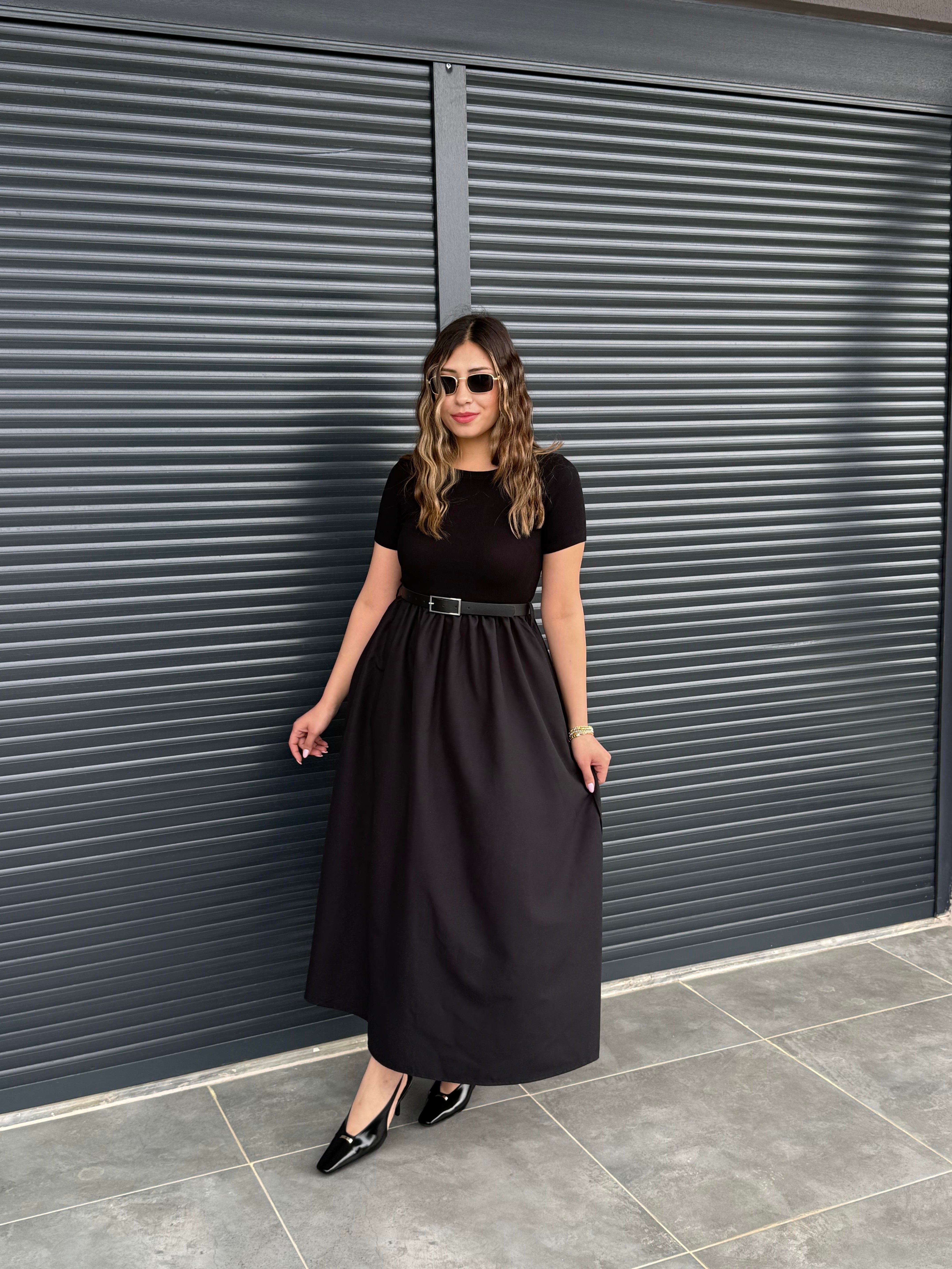 Kemerli Poplin Detaylı Elbise Siyah