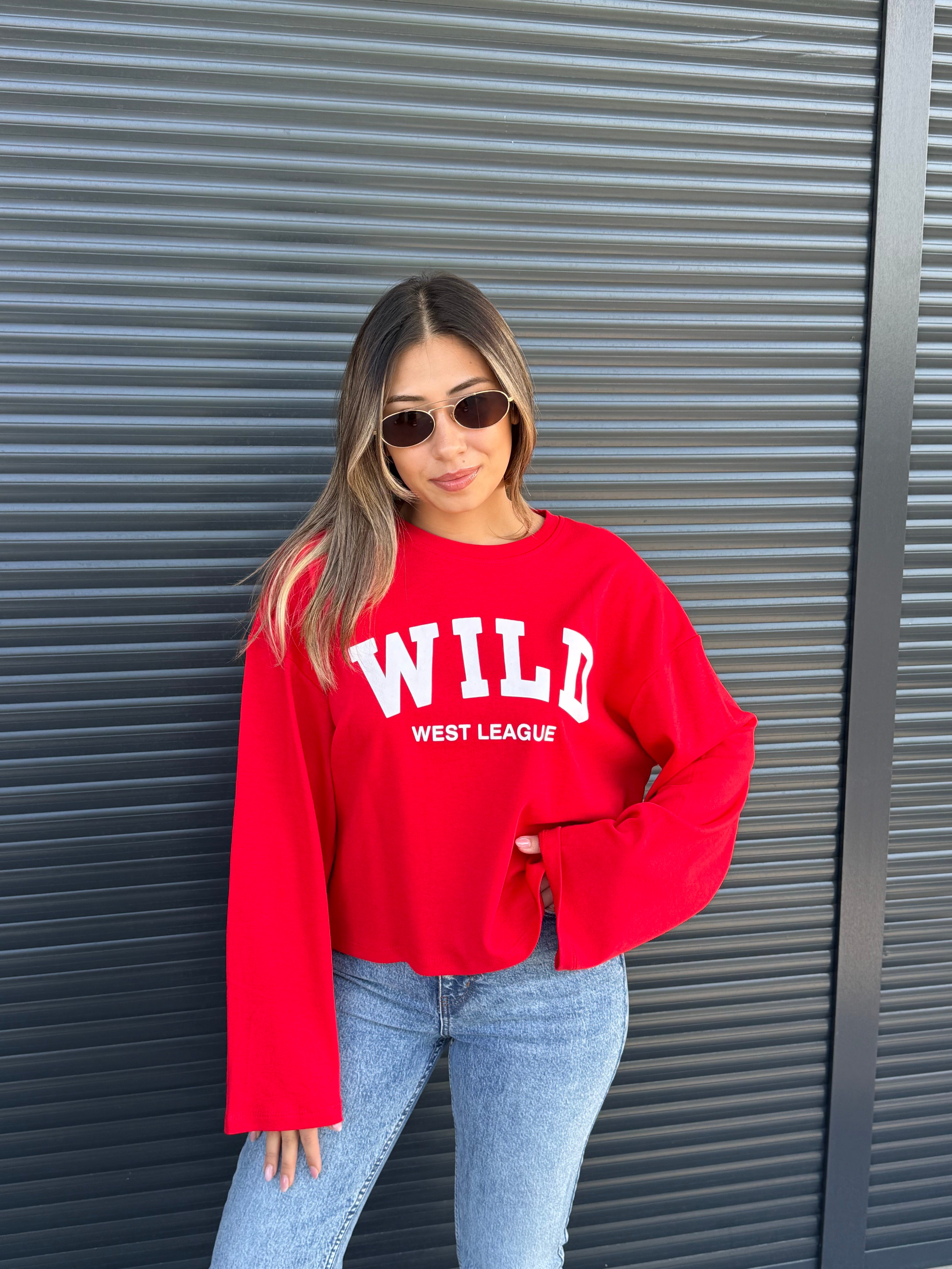 Kırmızı Yazı Baskılı İnce Sweatshirt