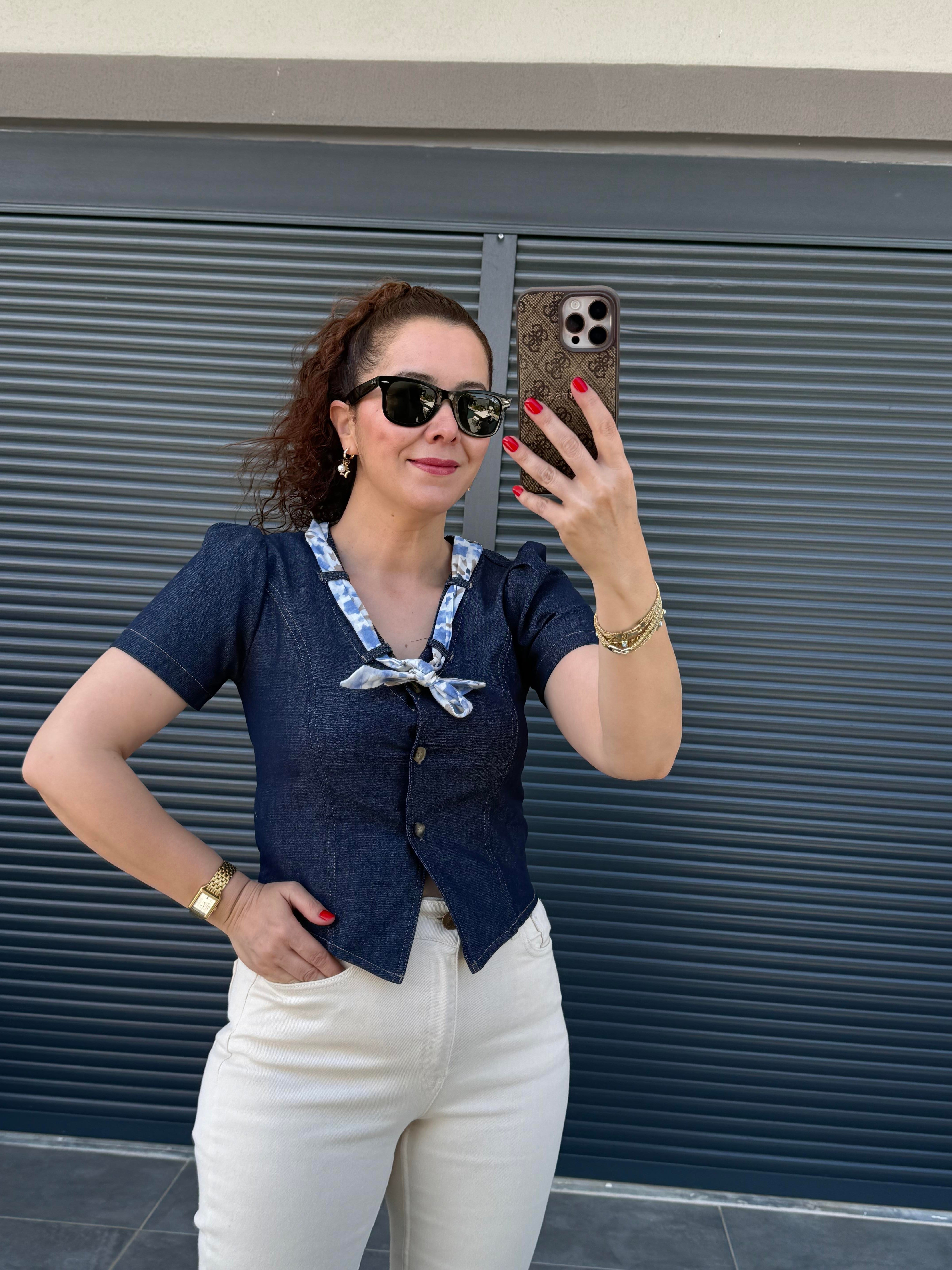 Kuşak Detaylı Tensel Kot Bluz Lacivert