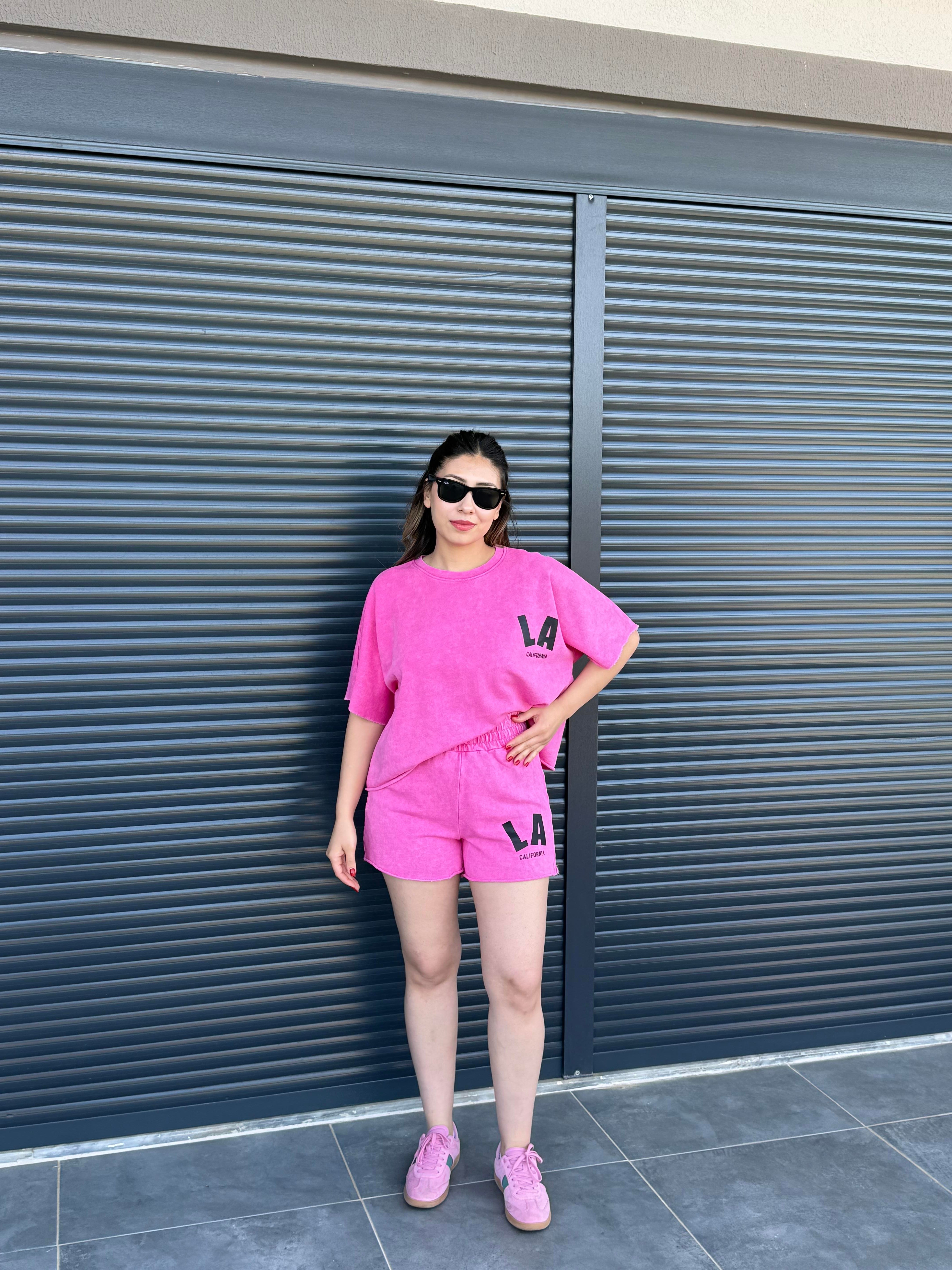 La Yazılı Taş Yıkamalı Oversize Takım Pembe