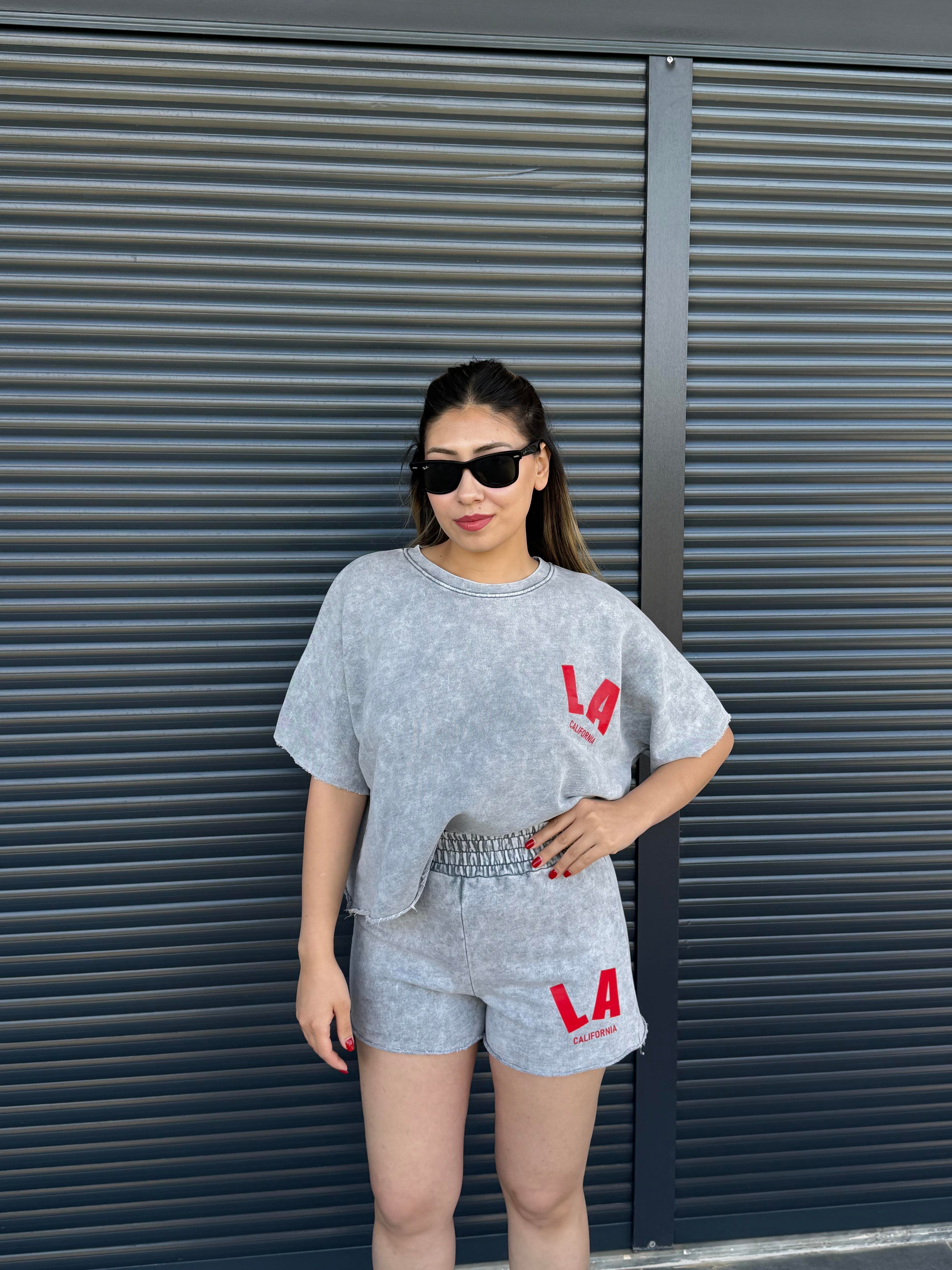 La Yazılı Taş Yıkamalı Oversize Takım Gri