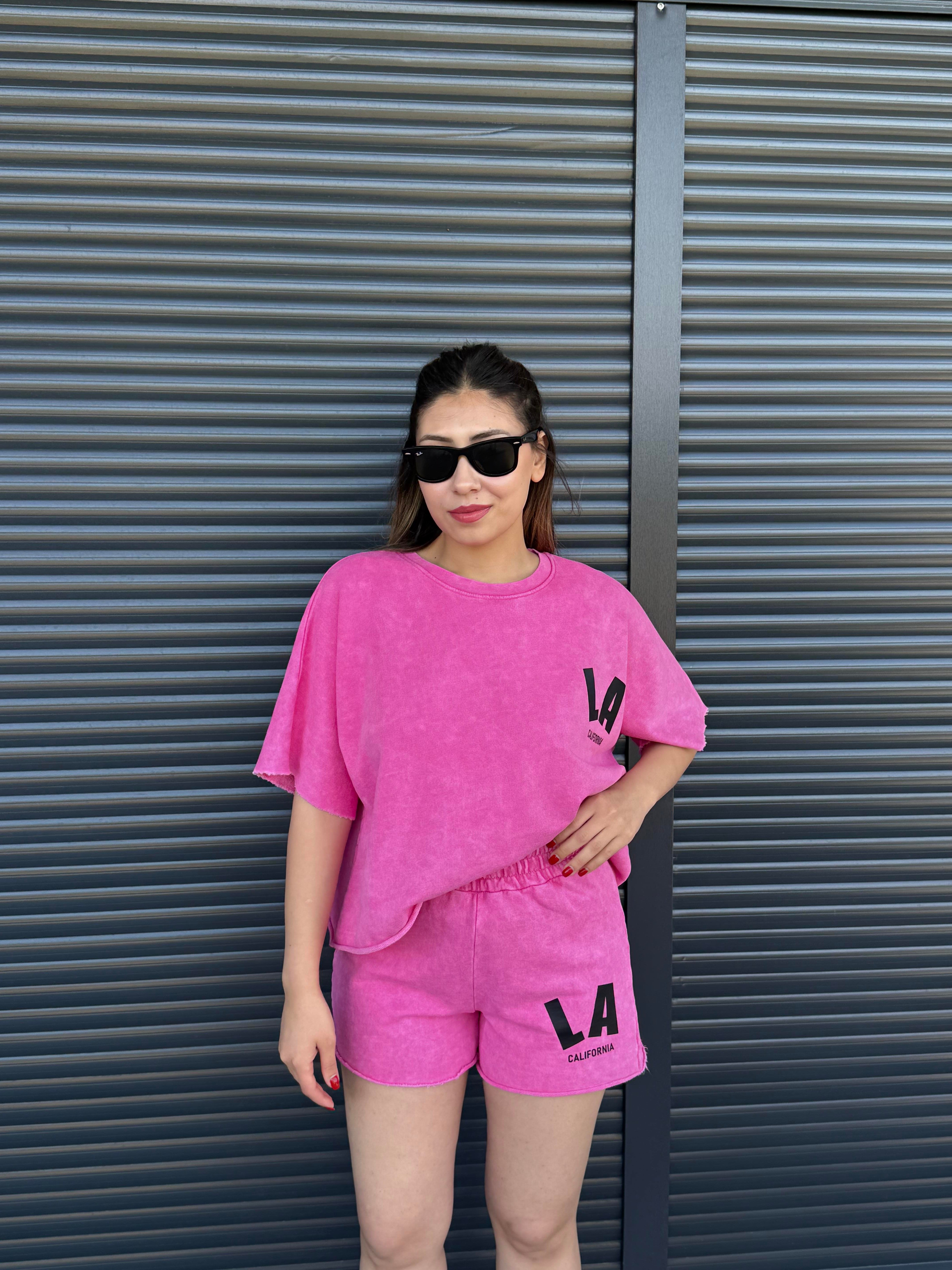 La Yazılı Taş Yıkamalı Oversize Takım Pembe