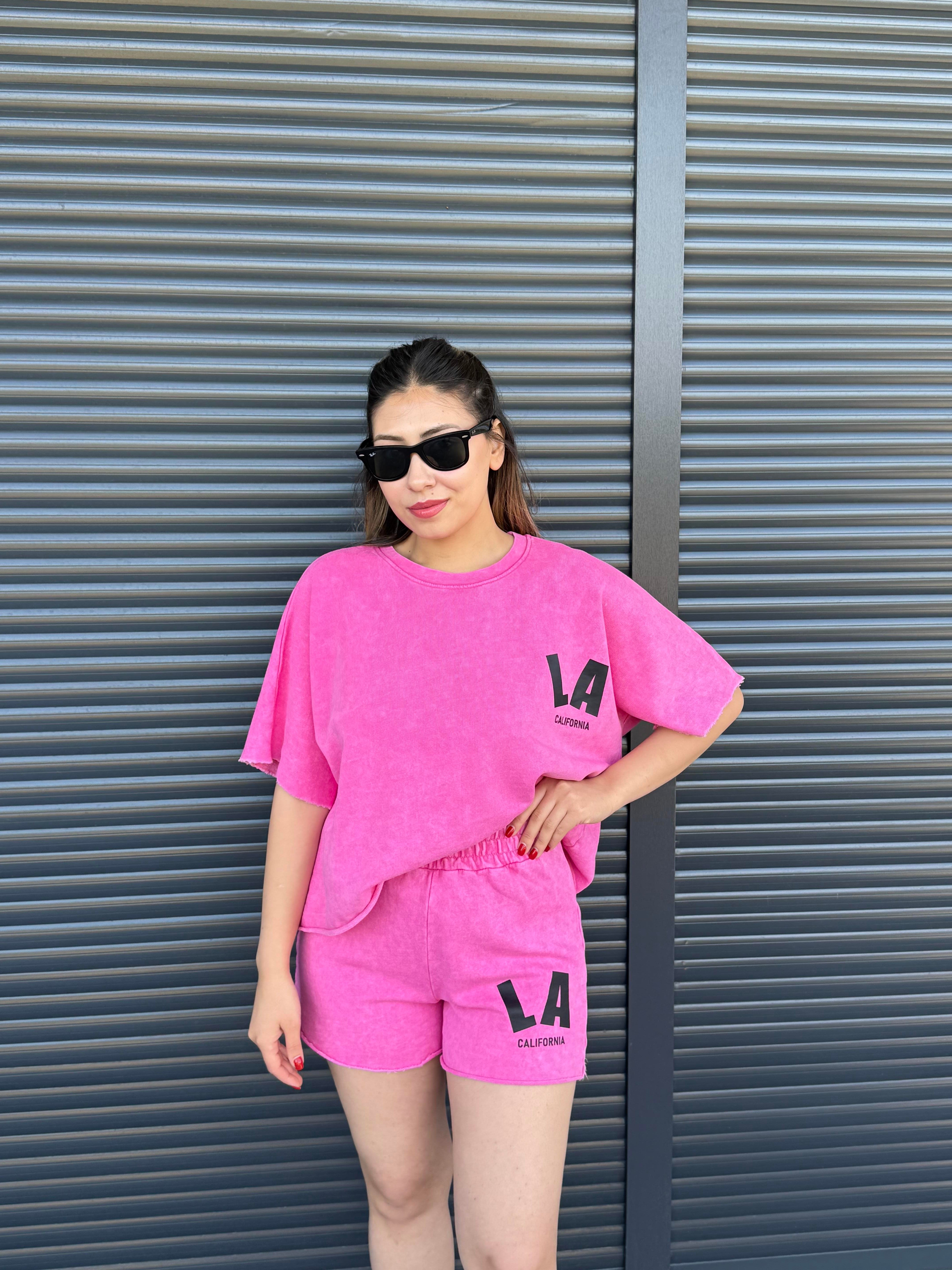 La Yazılı Taş Yıkamalı Oversize Takım Pembe