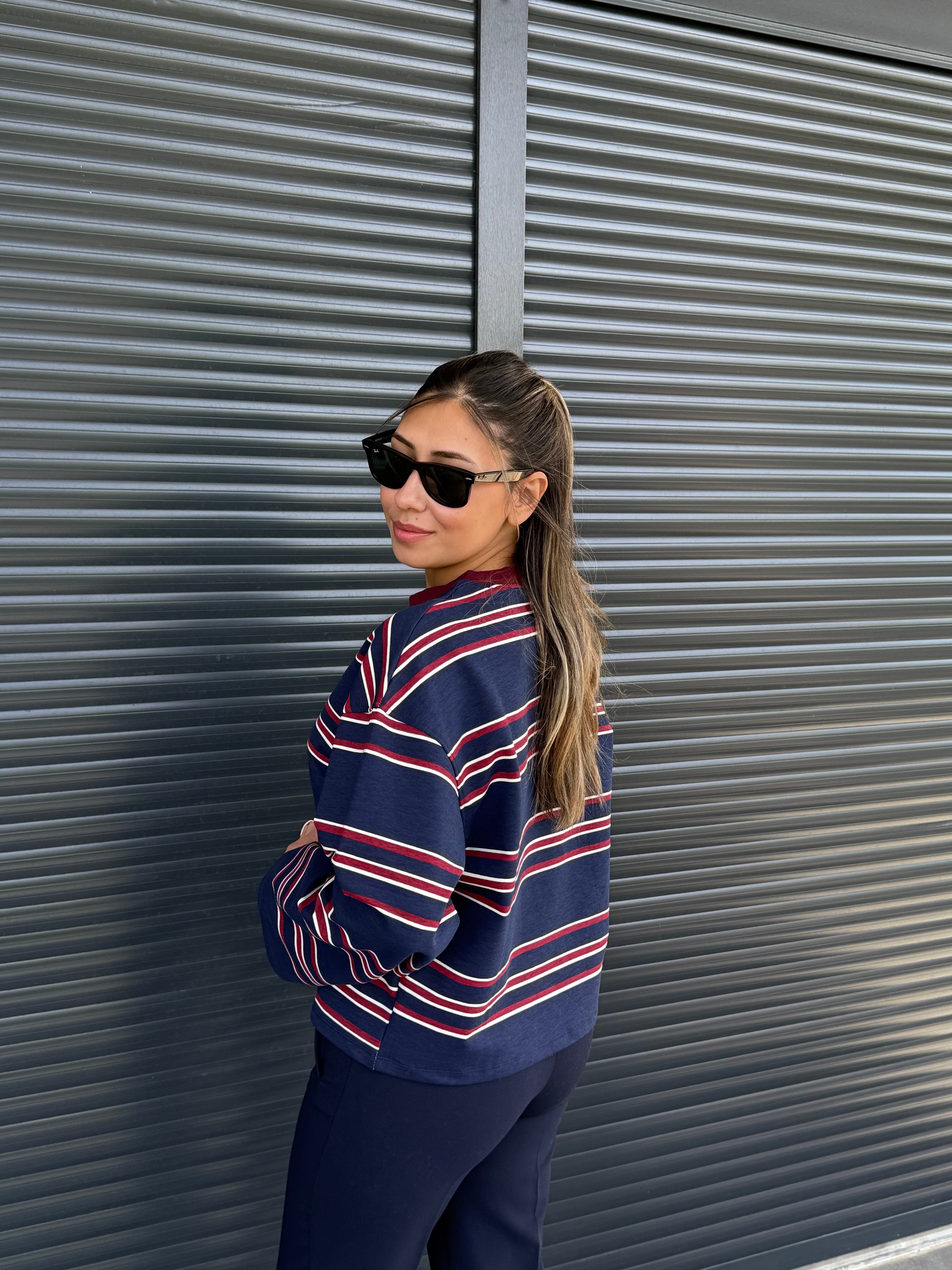 Lacivert Bordo Çizgili Sweatshirt
