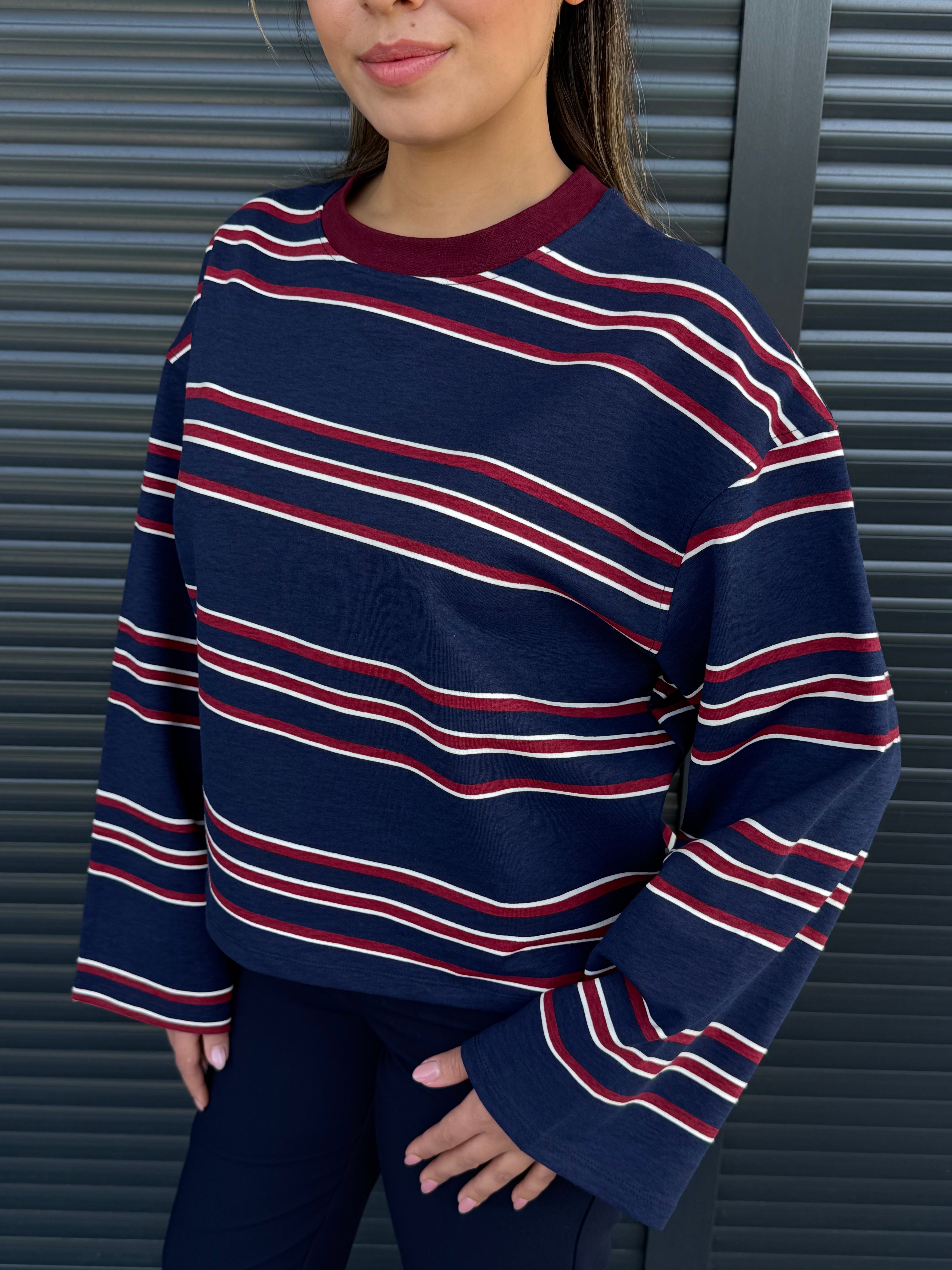 Lacivert Bordo Çizgili Sweatshirt