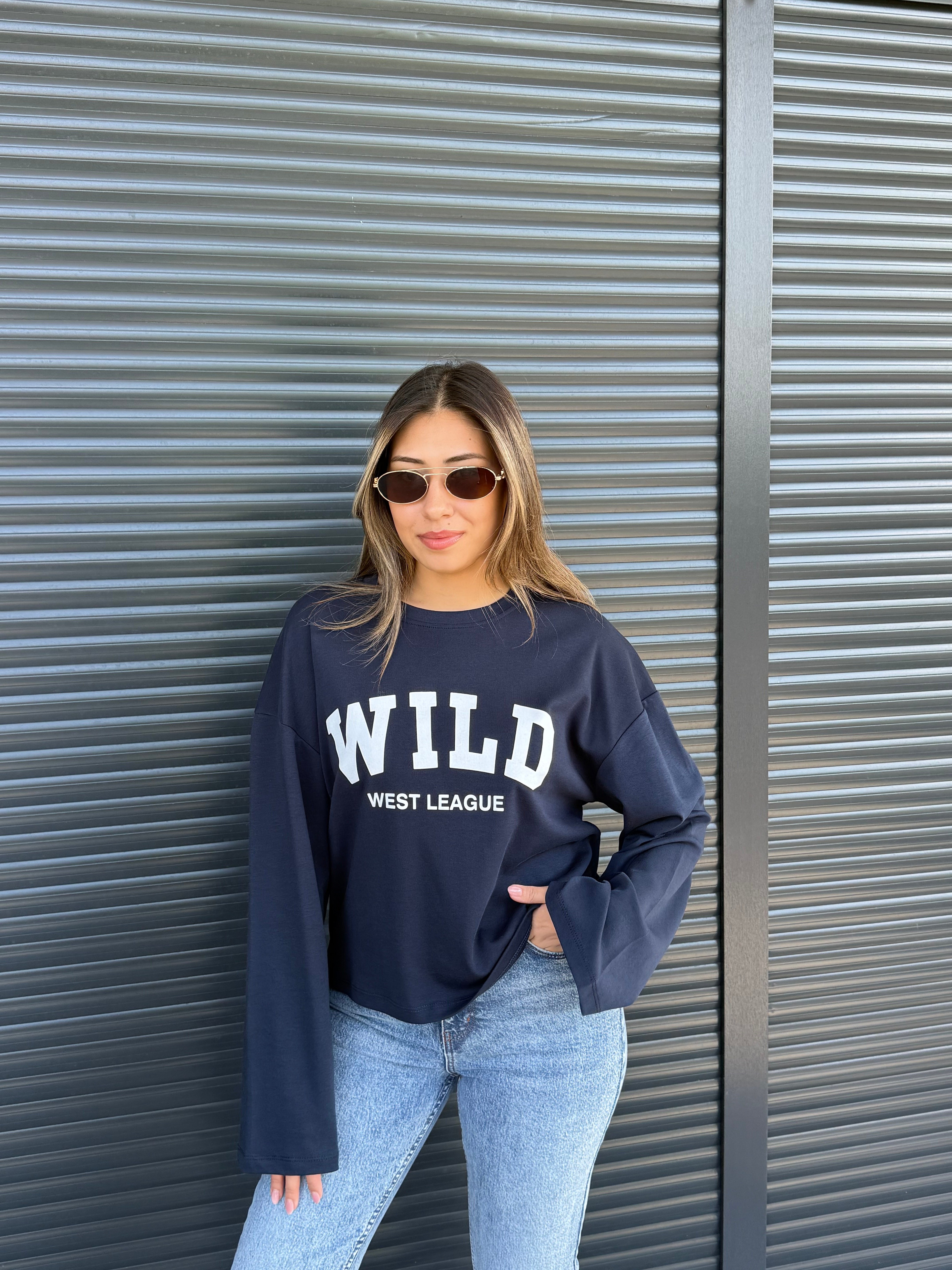 Lacivert Yazı Baskılı İnce Sweatshirt