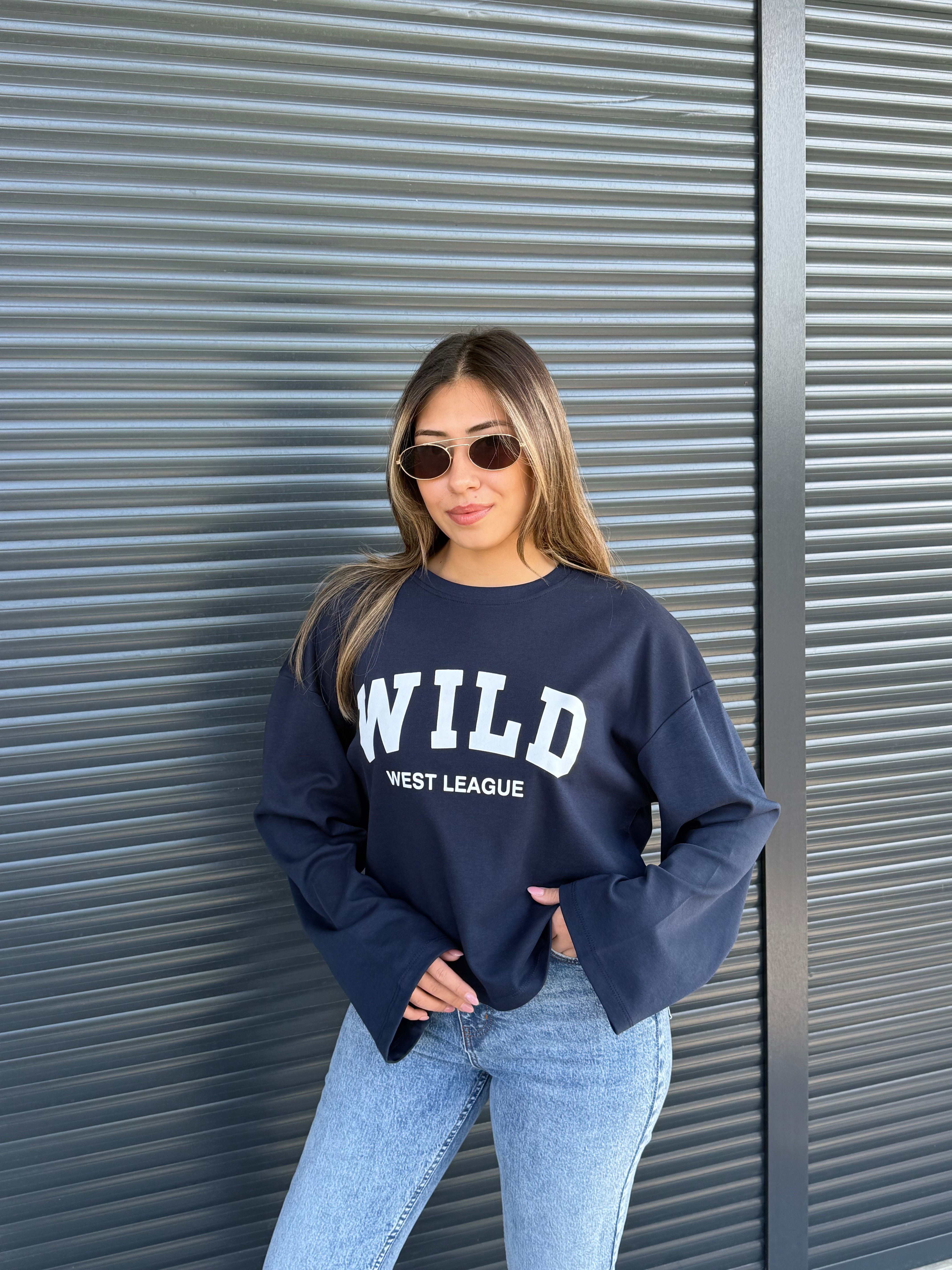 Lacivert Yazı Baskılı İnce Sweatshirt