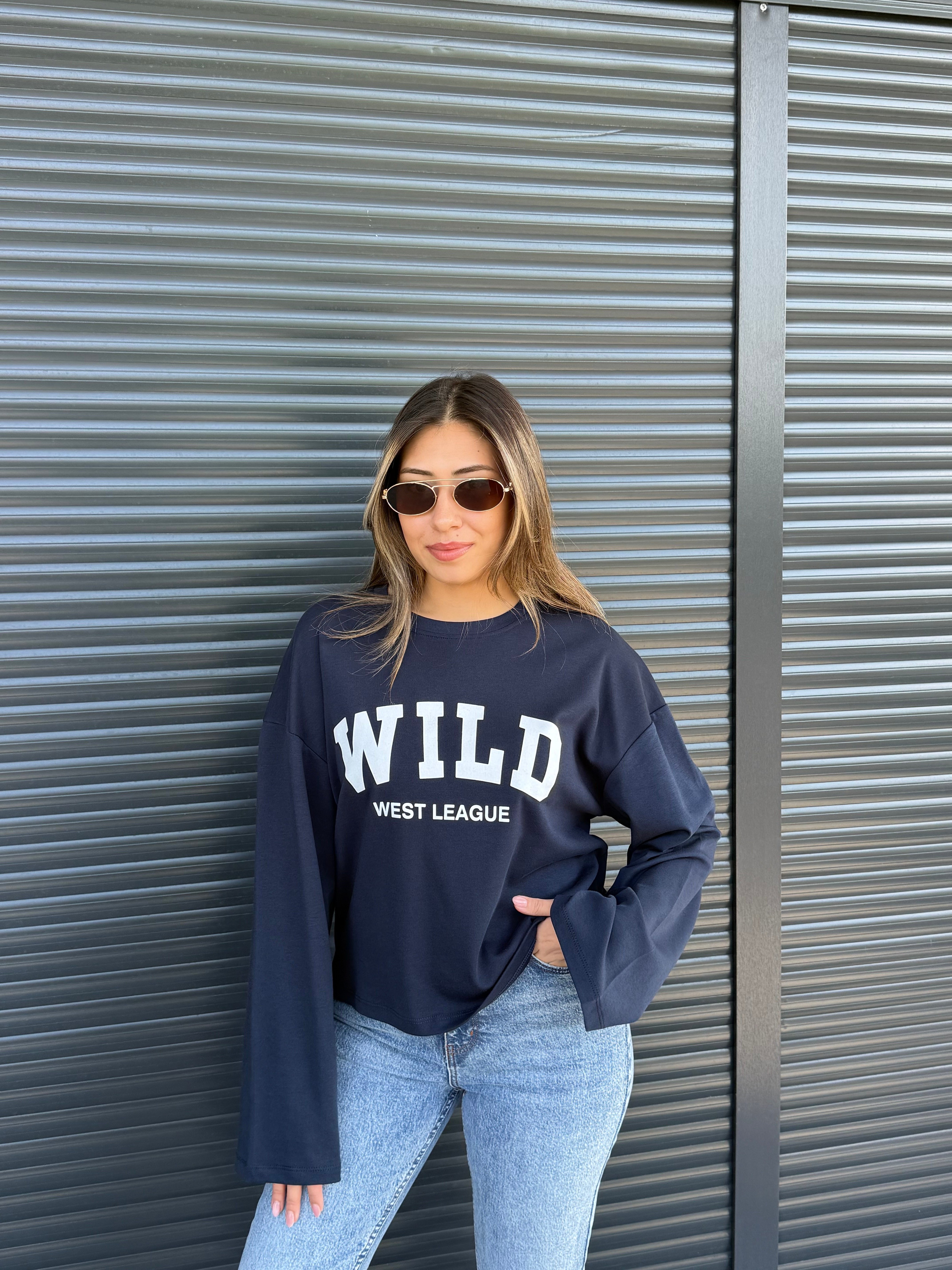 Lacivert Yazı Baskılı İnce Sweatshirt